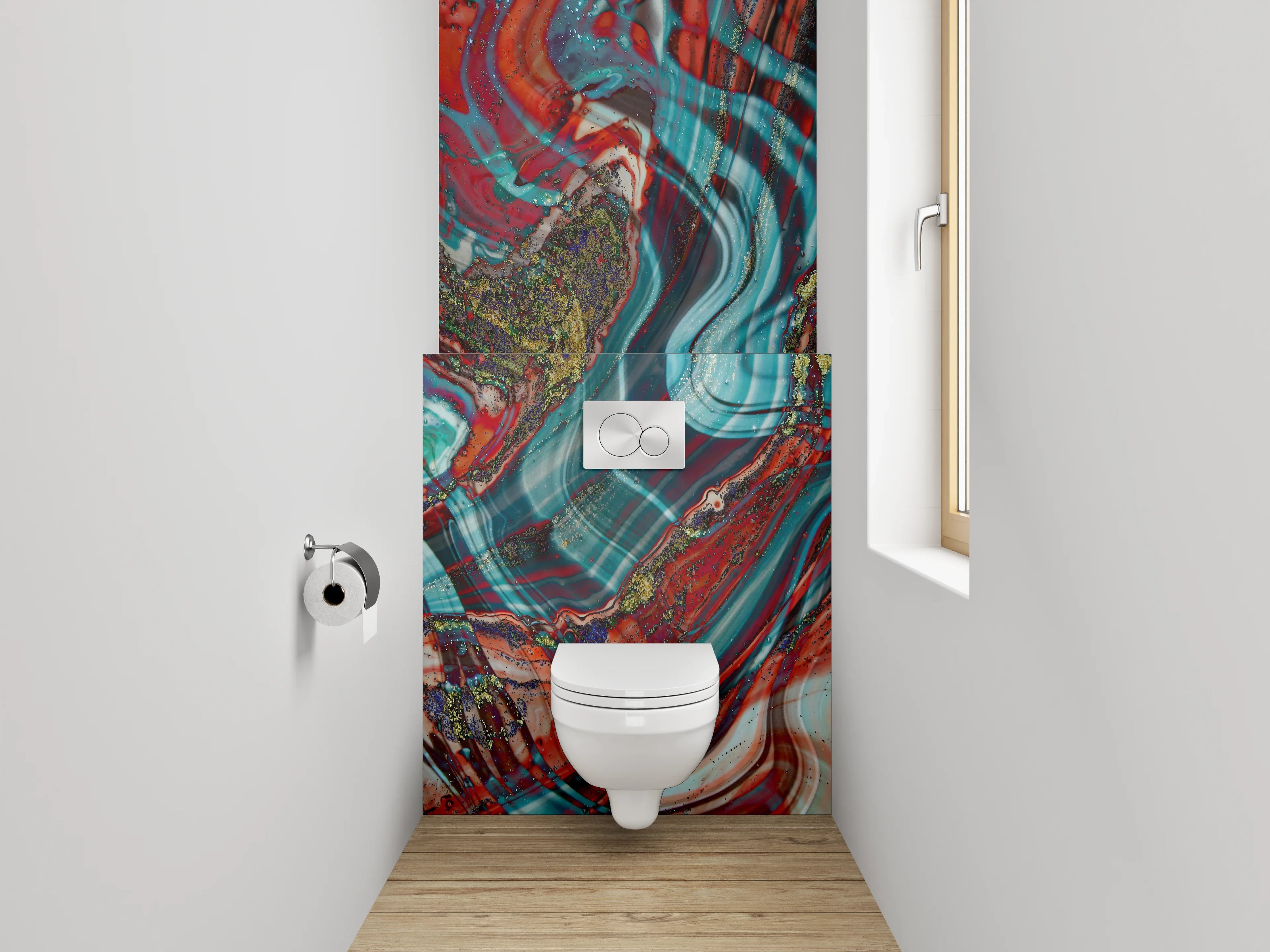 WC-Rückwand - Abstraktes Farbspiel Marmordesign Rot Türkis