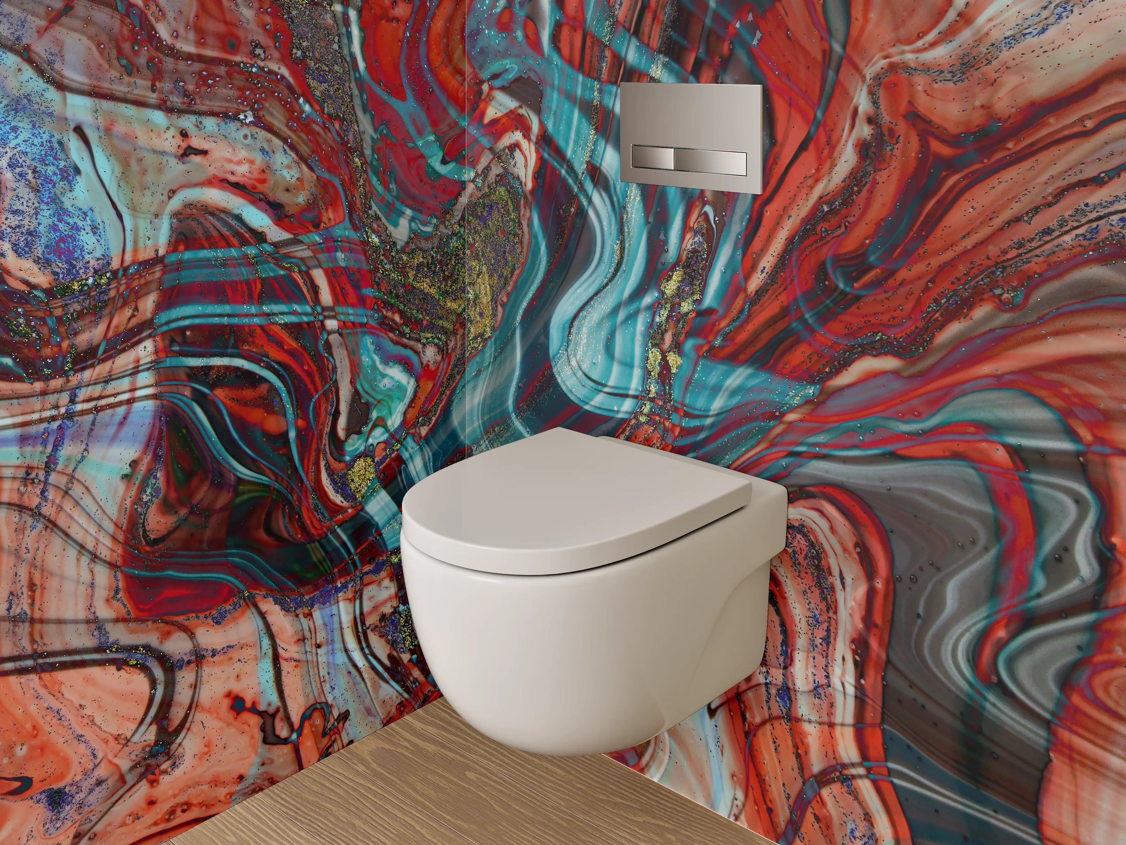 WC-Rückwand - Abstraktes Farbspiel Marmordesign Rot Türkis
