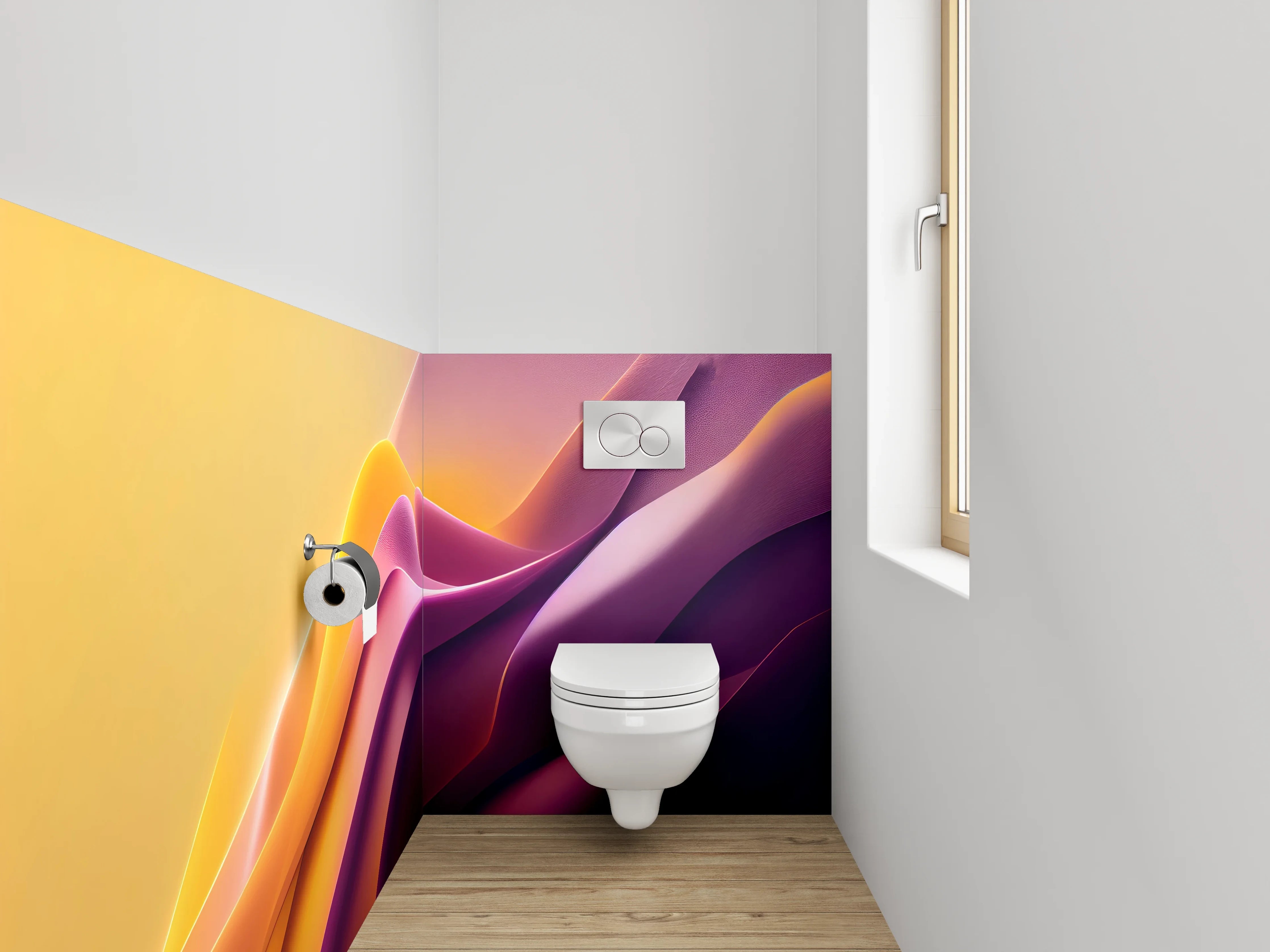 WC-Rückwand - Abstraktes Farbspiel: Gelb, Pink, Lila