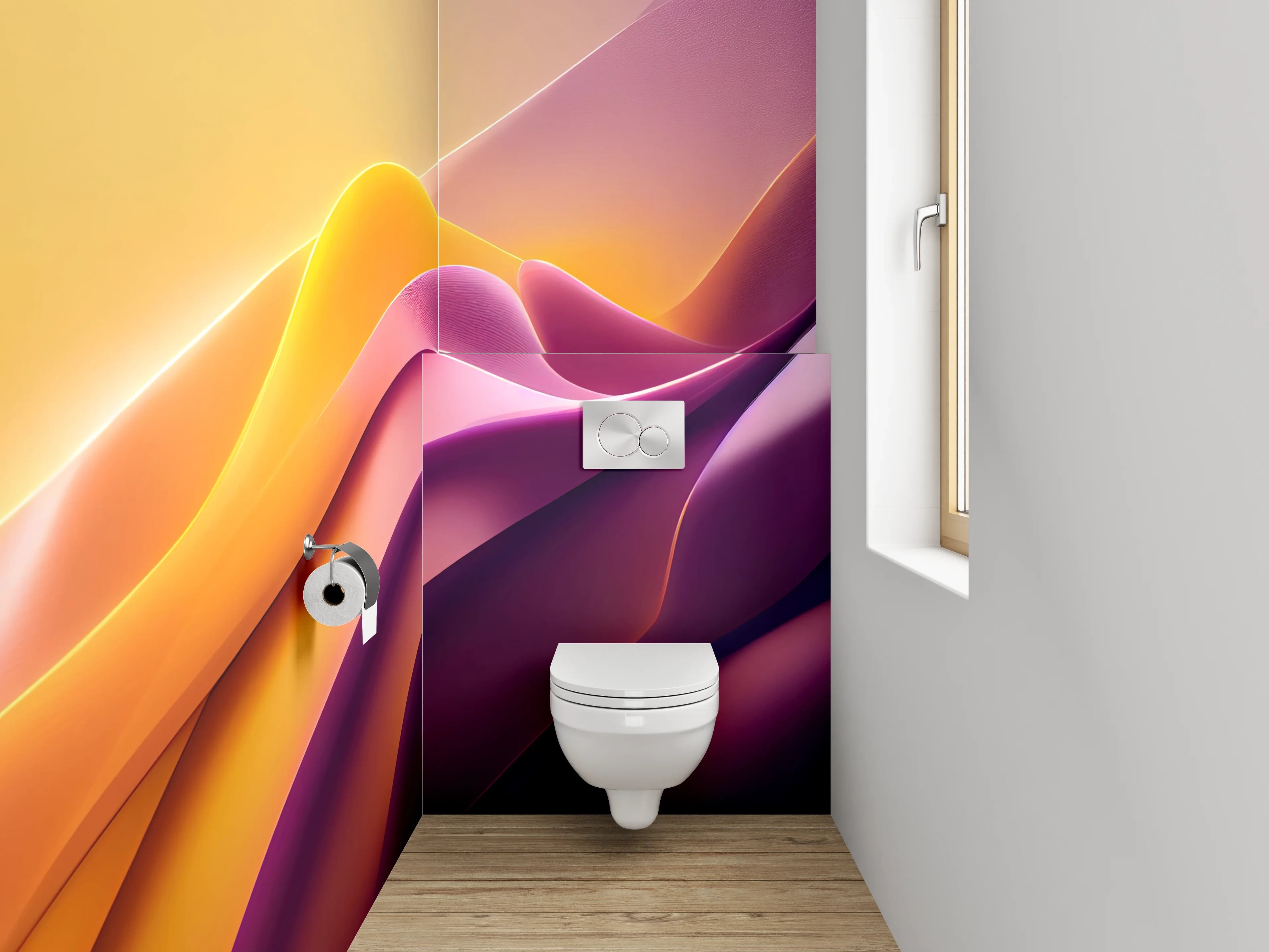 WC-Rückwand - Abstraktes Farbspiel: Gelb, Pink, Lila