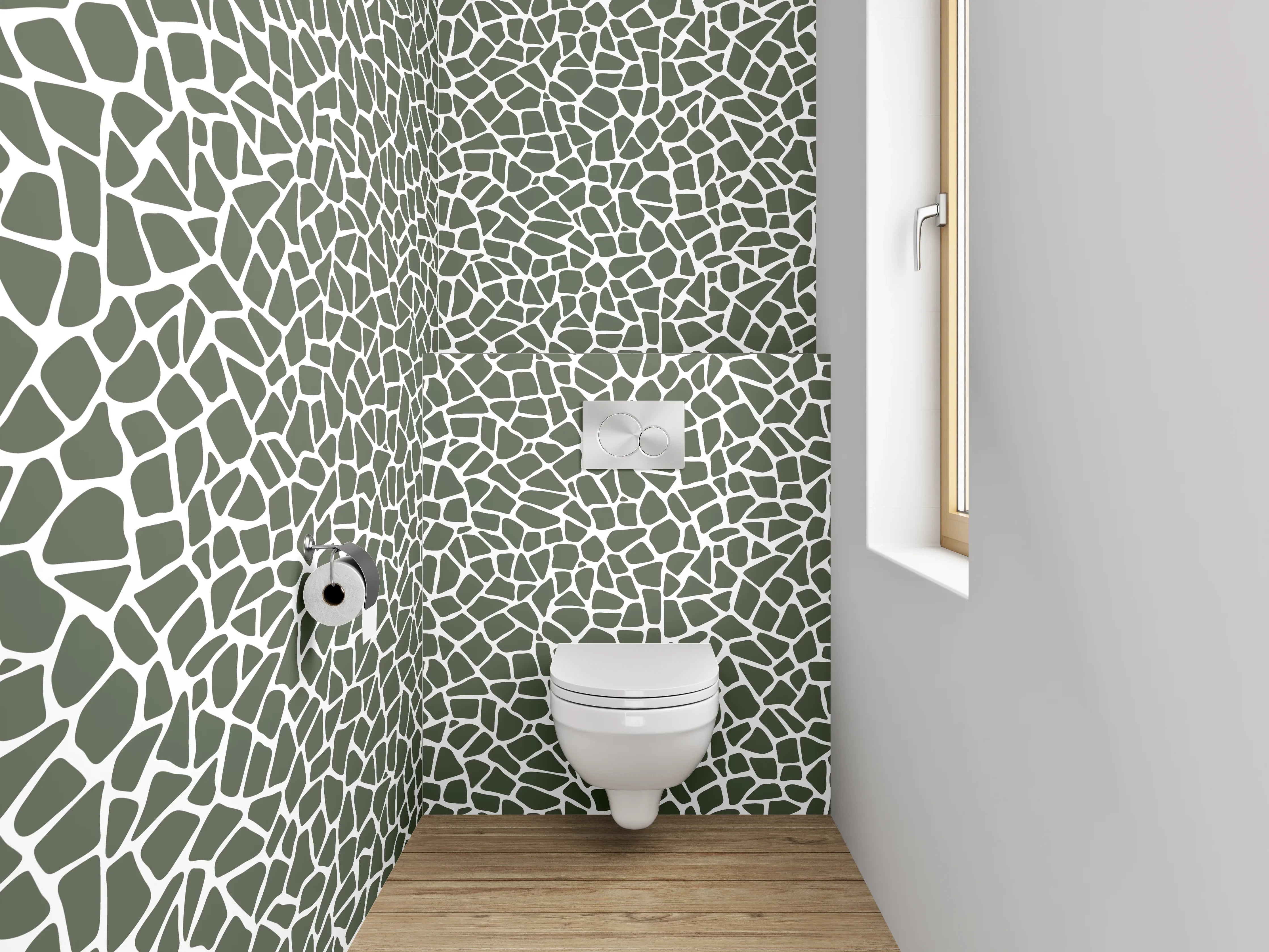 WC-Rückwand - Abstraktes Fliesenmosaik in Grau-Weiß