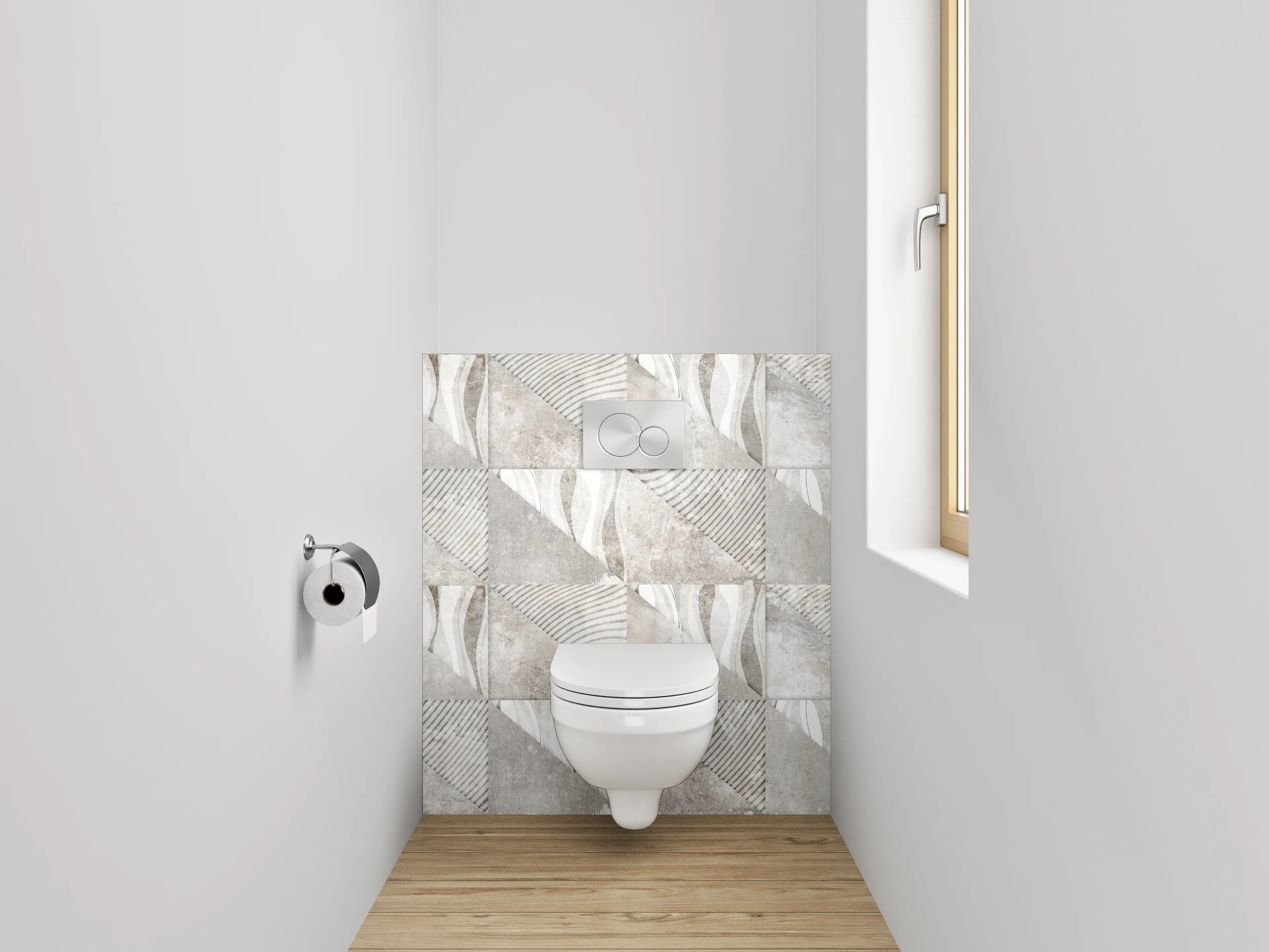 WC-Rückwand - Abstraktes Fliesenmuster in Weiß-Grau