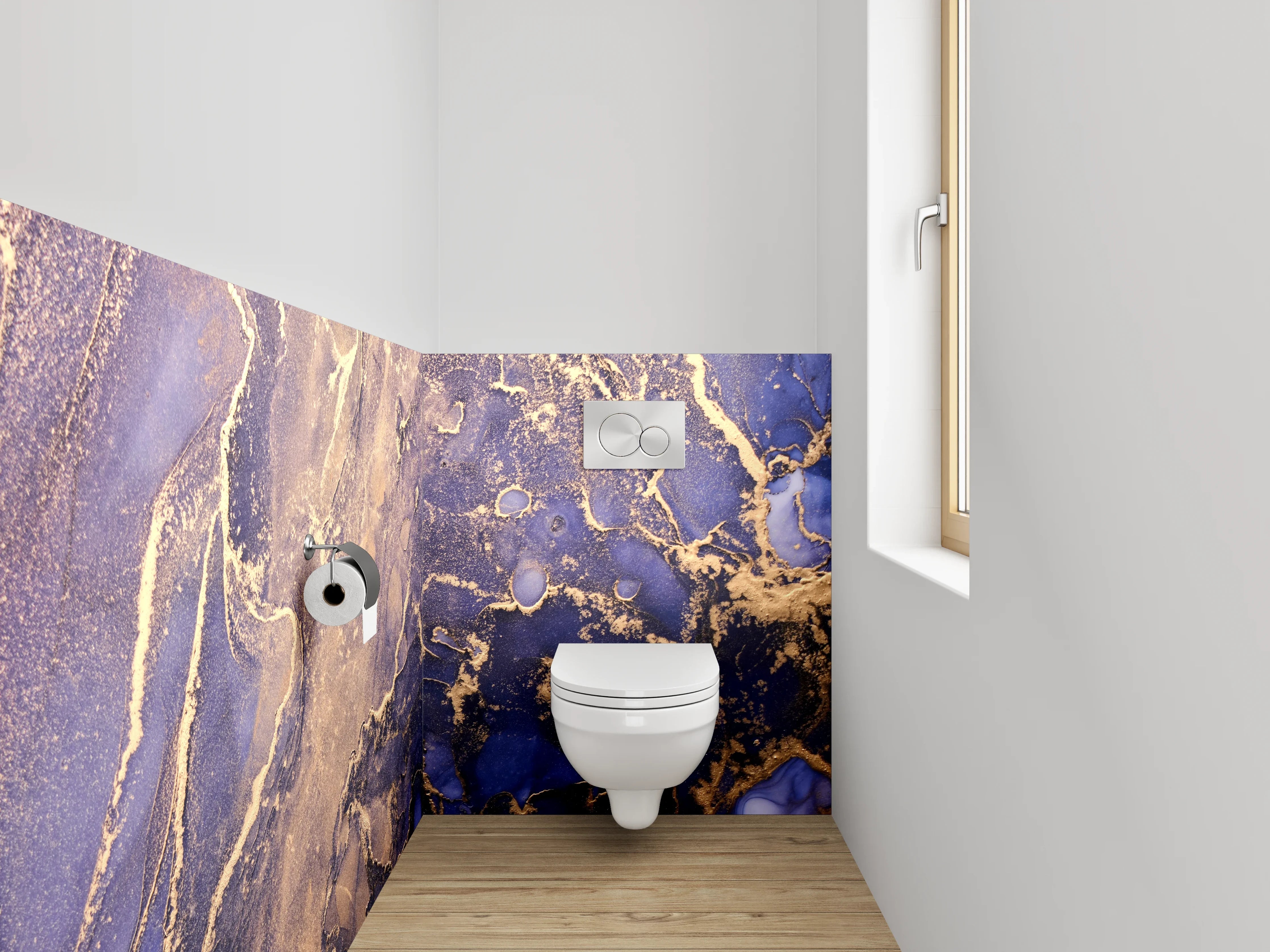 WC-Rückwand - Abstraktes Gold-Blau Marmor Design