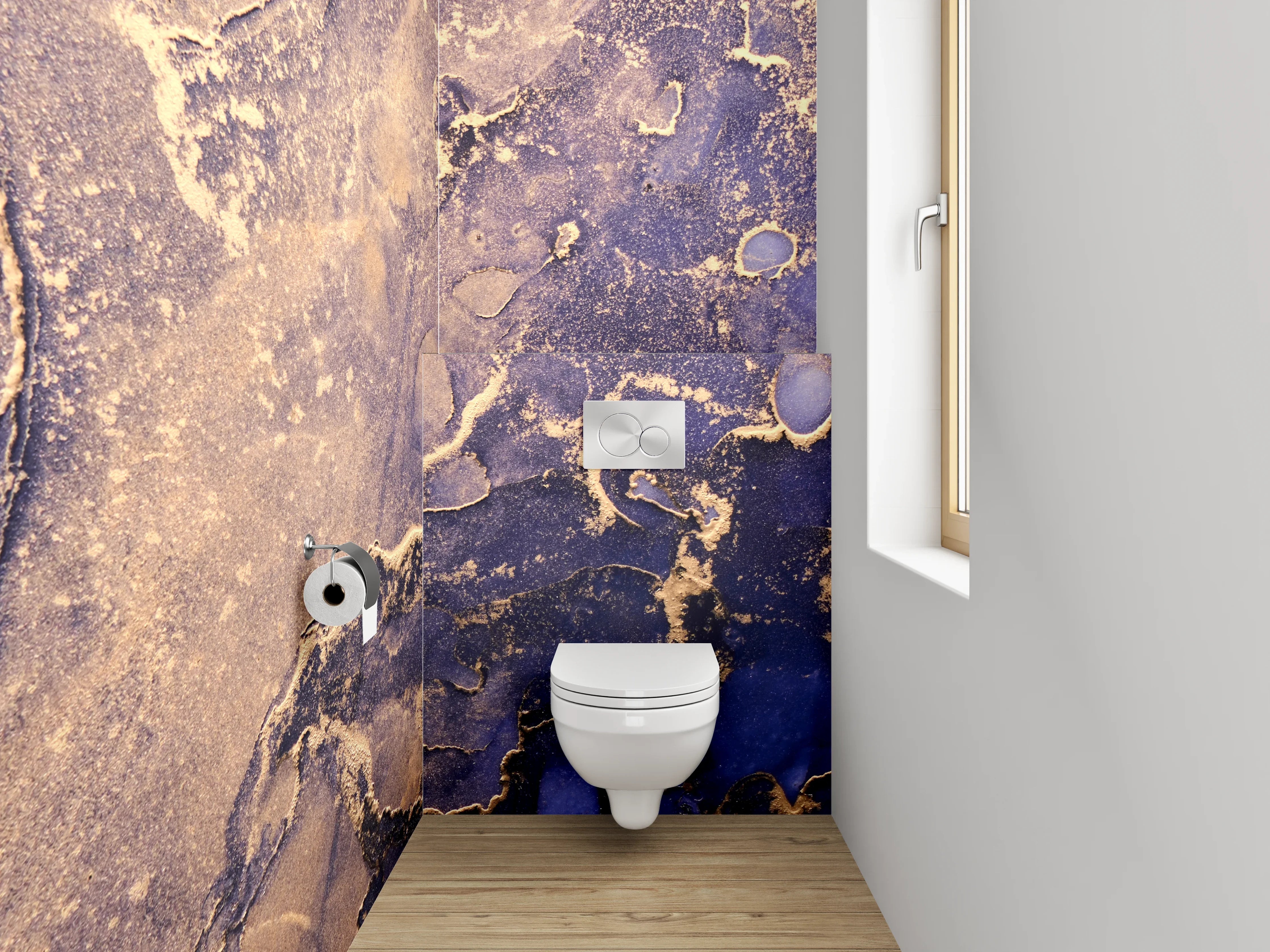 WC-Rückwand - Abstraktes Gold-Blau Marmor Design