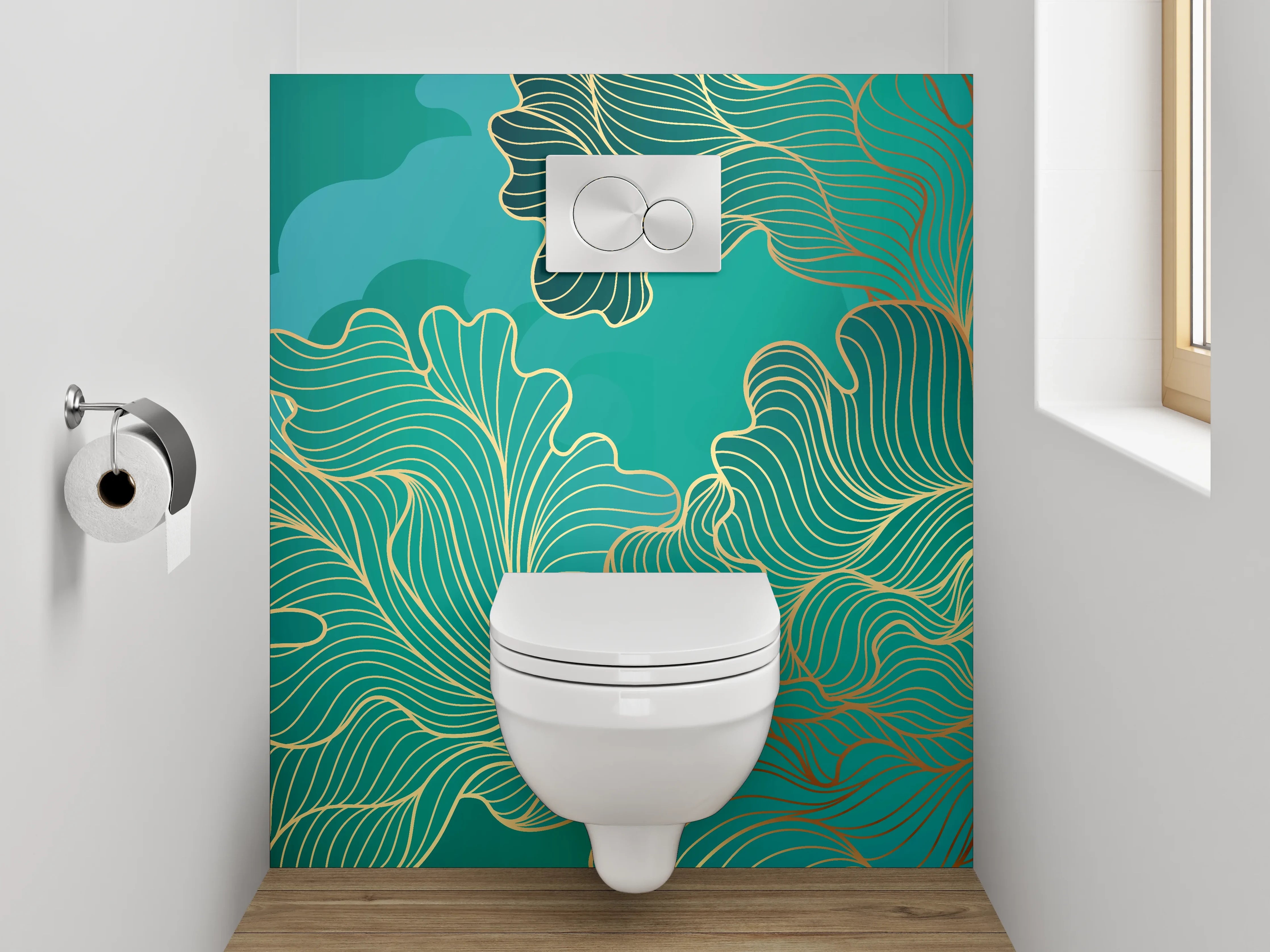WC-Rückwand - Abstraktes Gold-Lineart auf Türkis