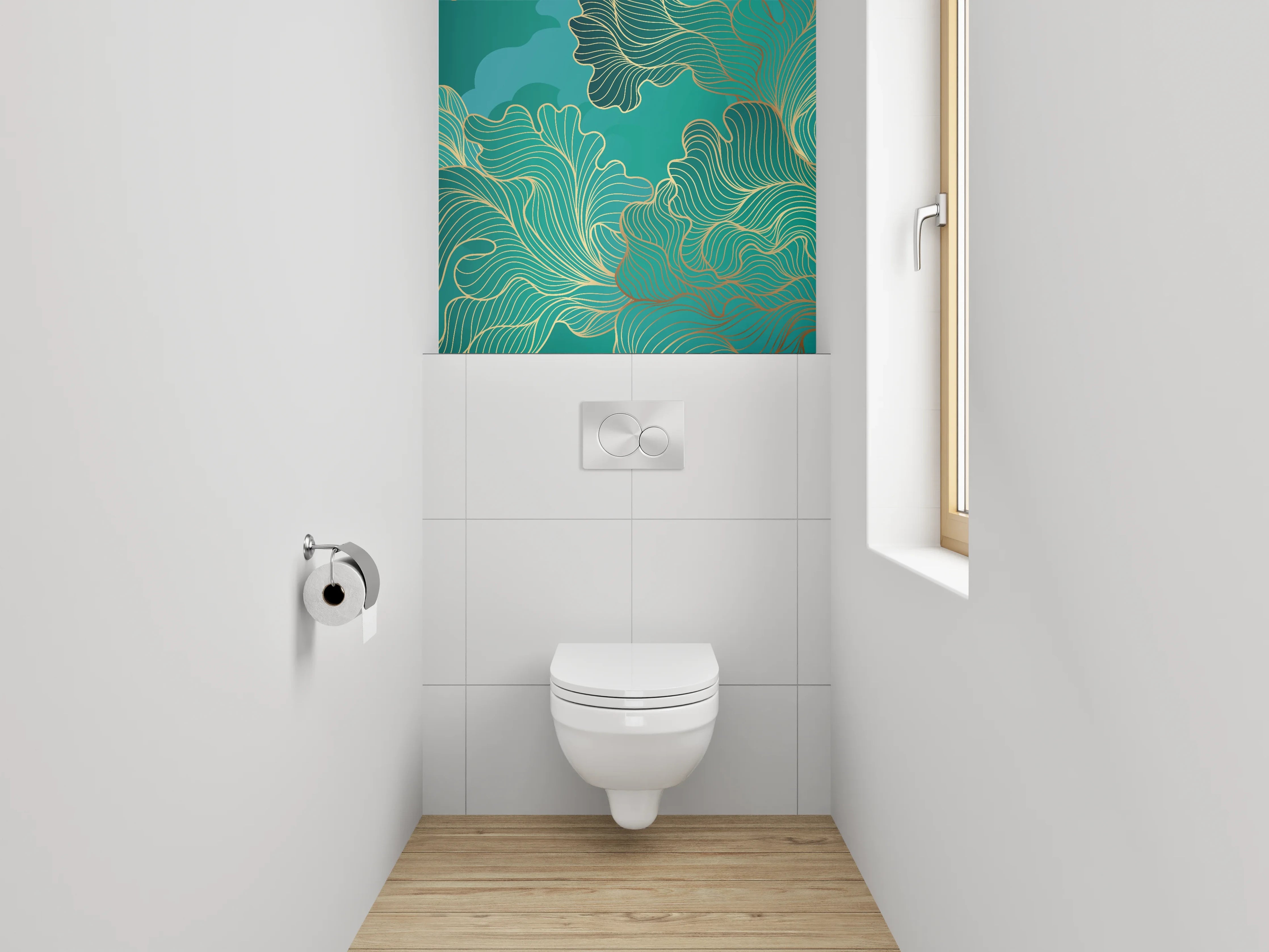WC-Rückwand - Abstraktes Gold-Lineart auf Türkis