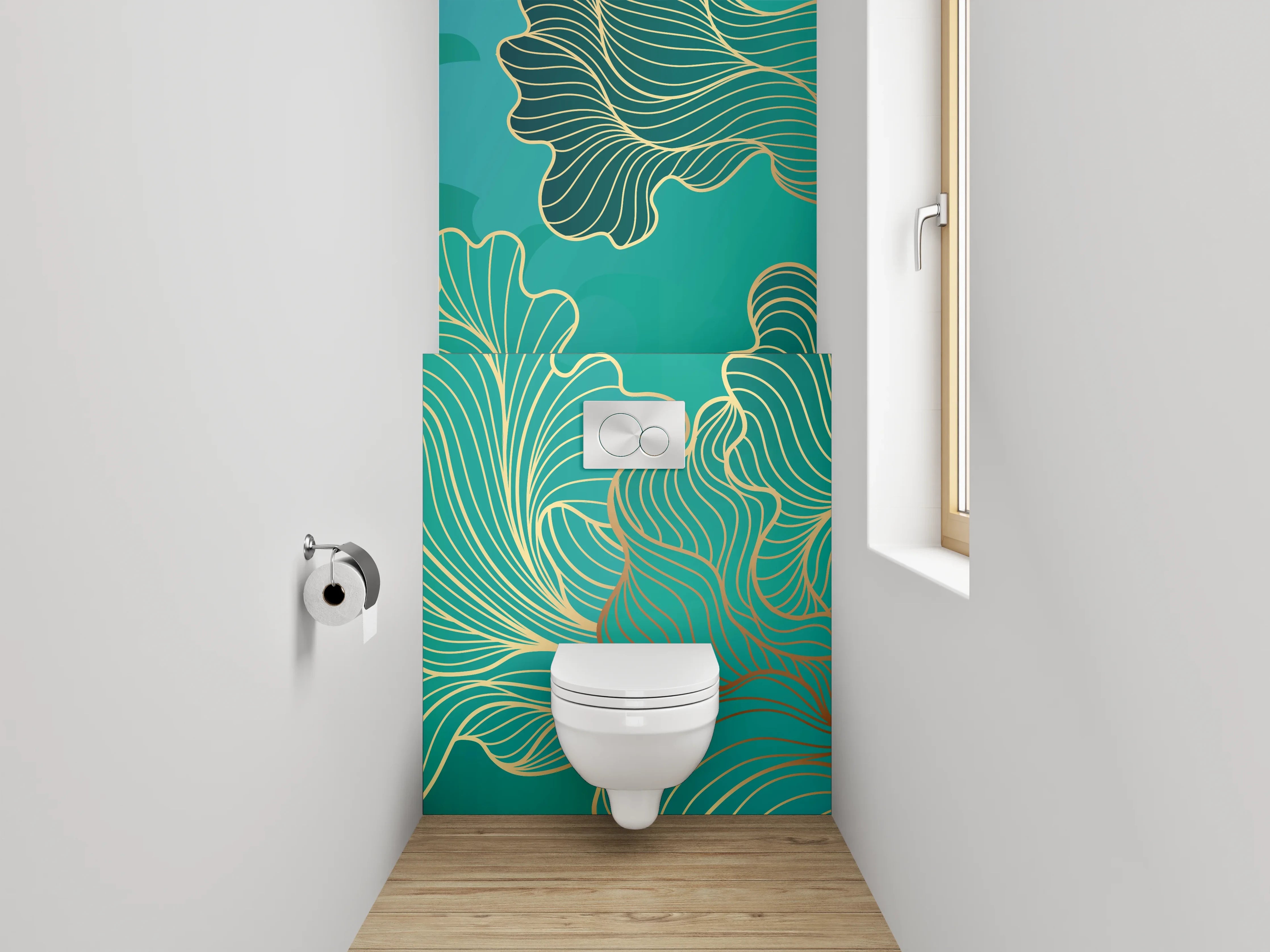 WC-Rückwand - Abstraktes Gold-Lineart auf Türkis
