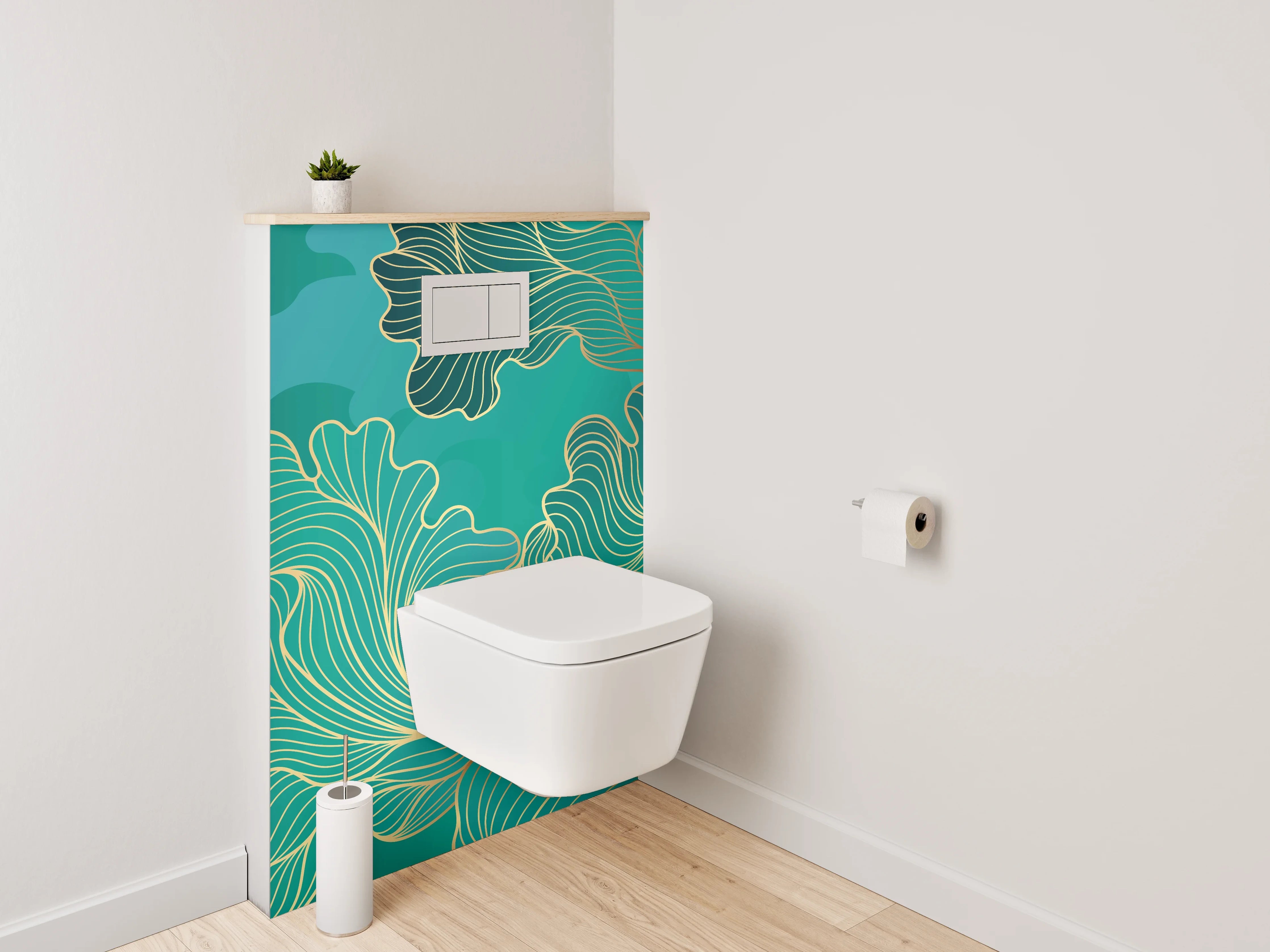 WC-Rückwand - Abstraktes Gold-Lineart auf Türkis