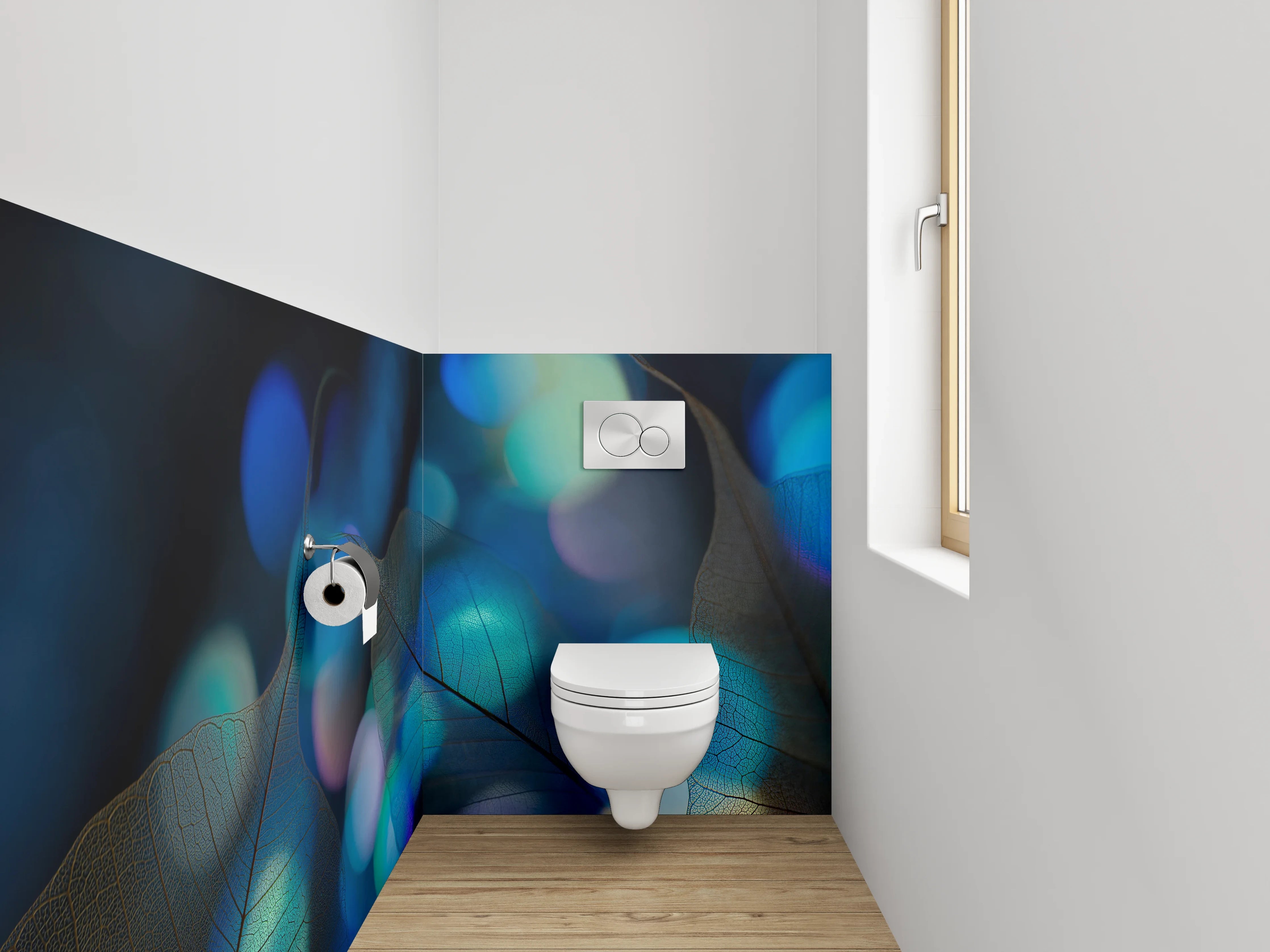 WC-Rückwand - Abstraktes Lichtspiel Blau Bokeh