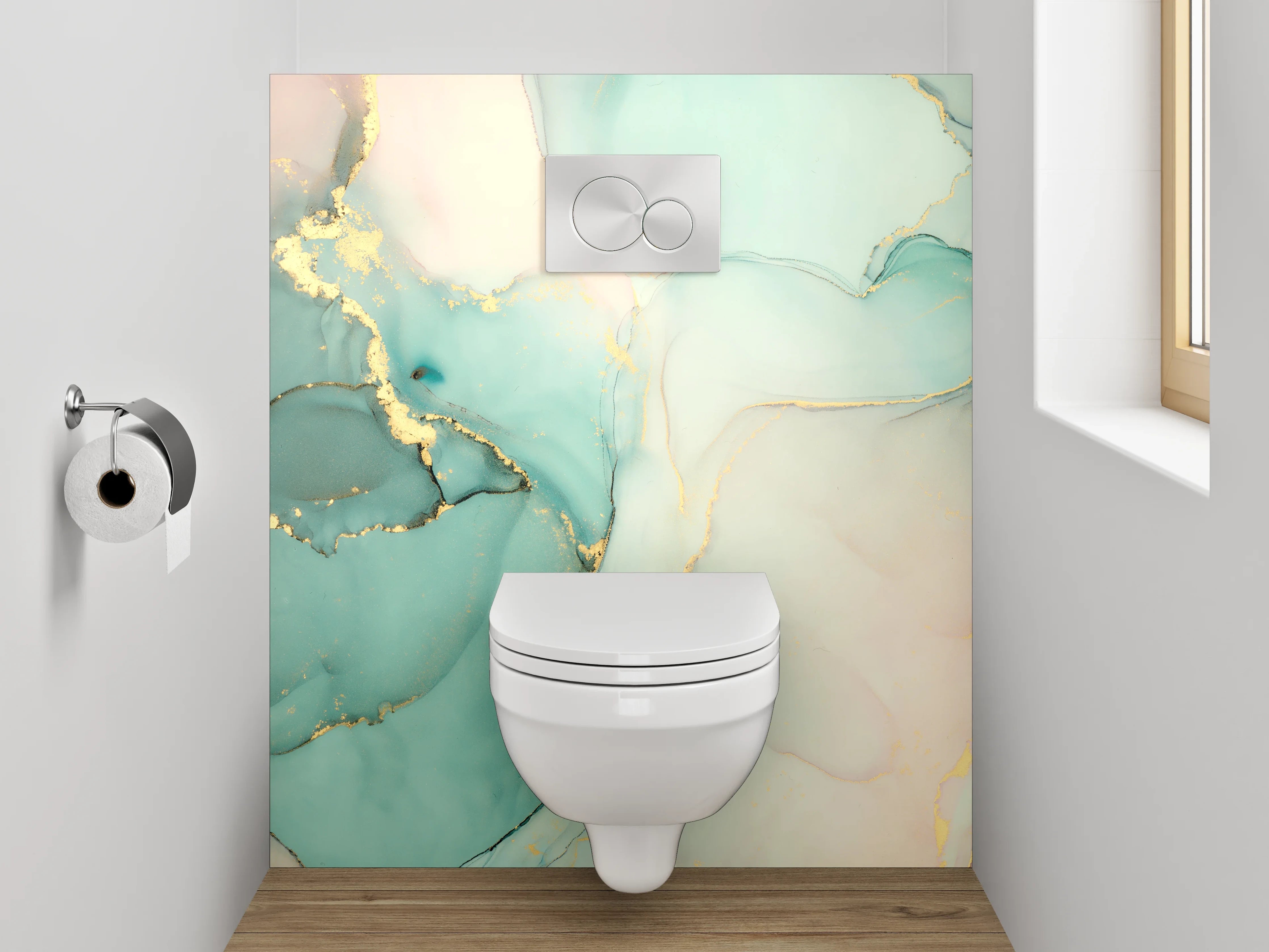 WC-Rückwand - Abstraktes Marmor Aquarell Türkis Gold