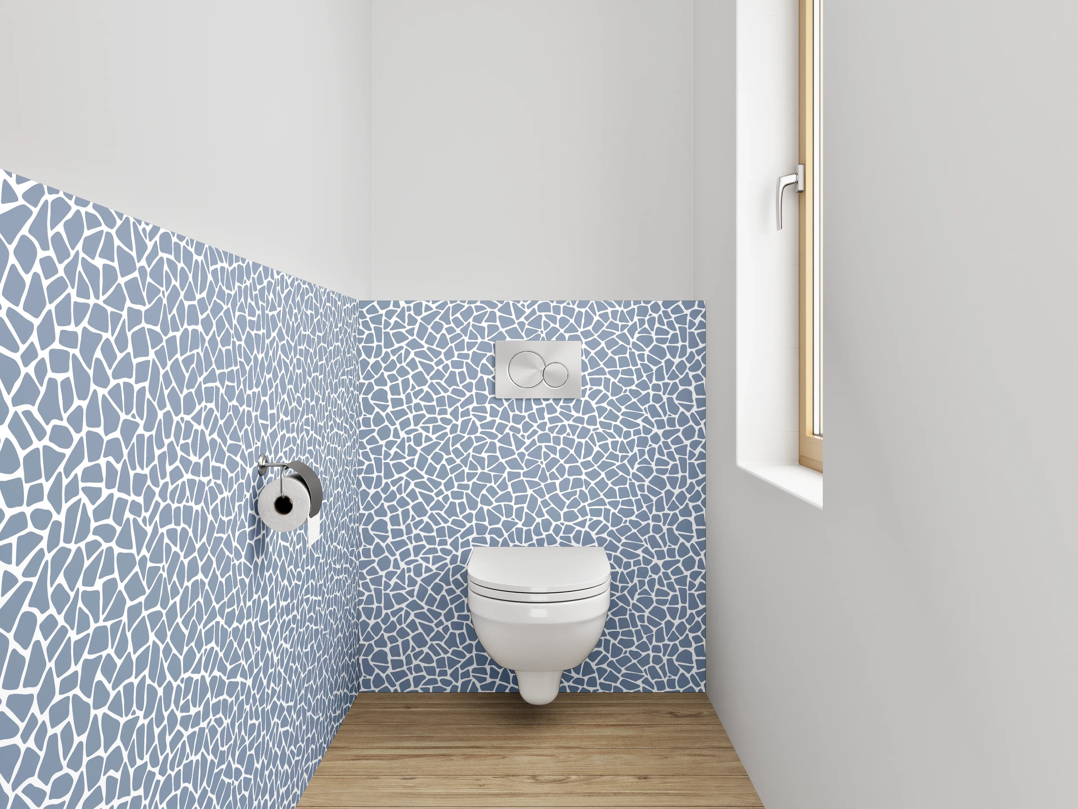 WC-Rückwand - Abstraktes Mosaikmuster in Blau und Weiß