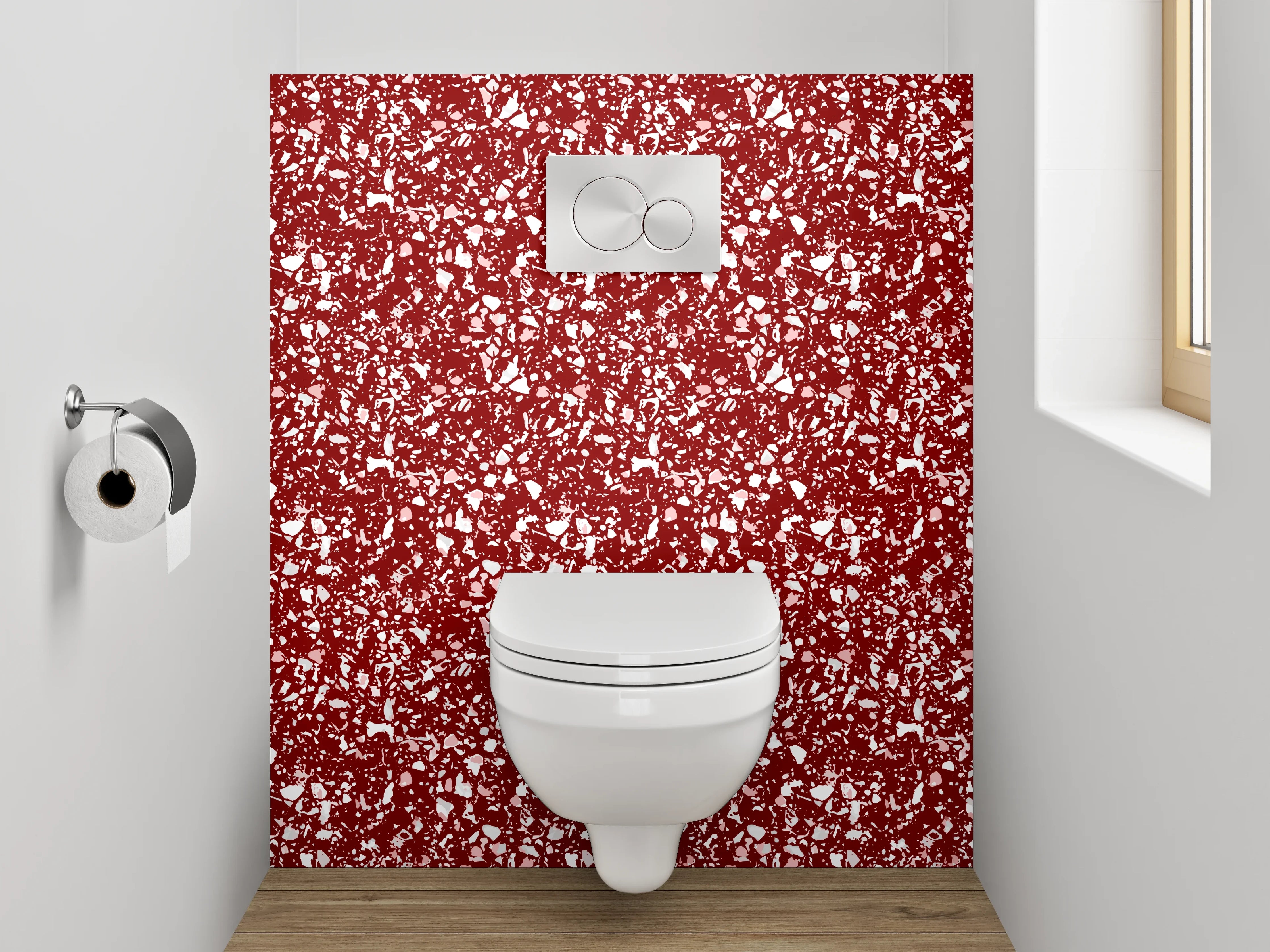 WC-Rückwand - Abstraktes Mosaikmuster in Rot-Weiß