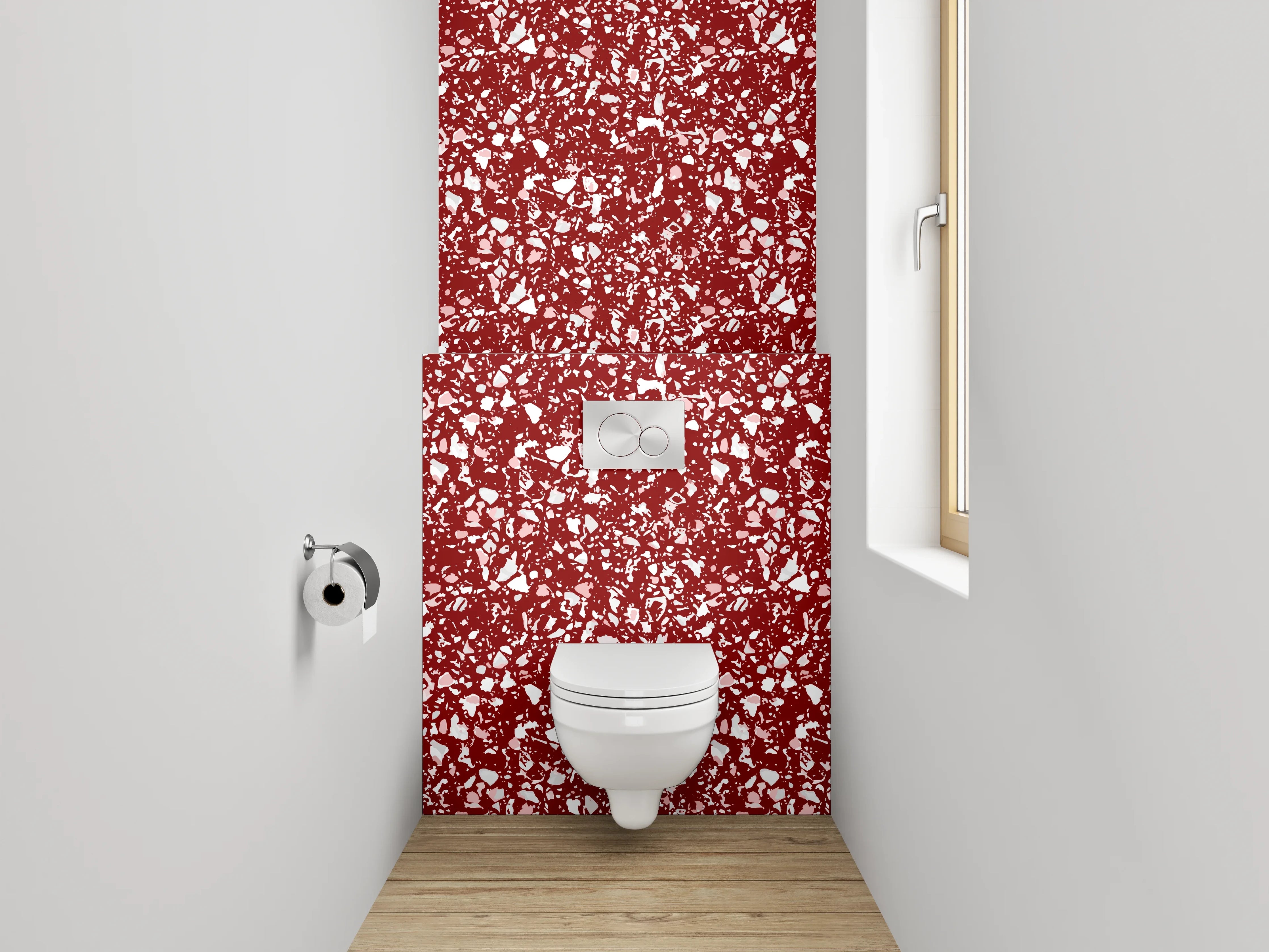 WC-Rückwand - Abstraktes Mosaikmuster in Rot-Weiß