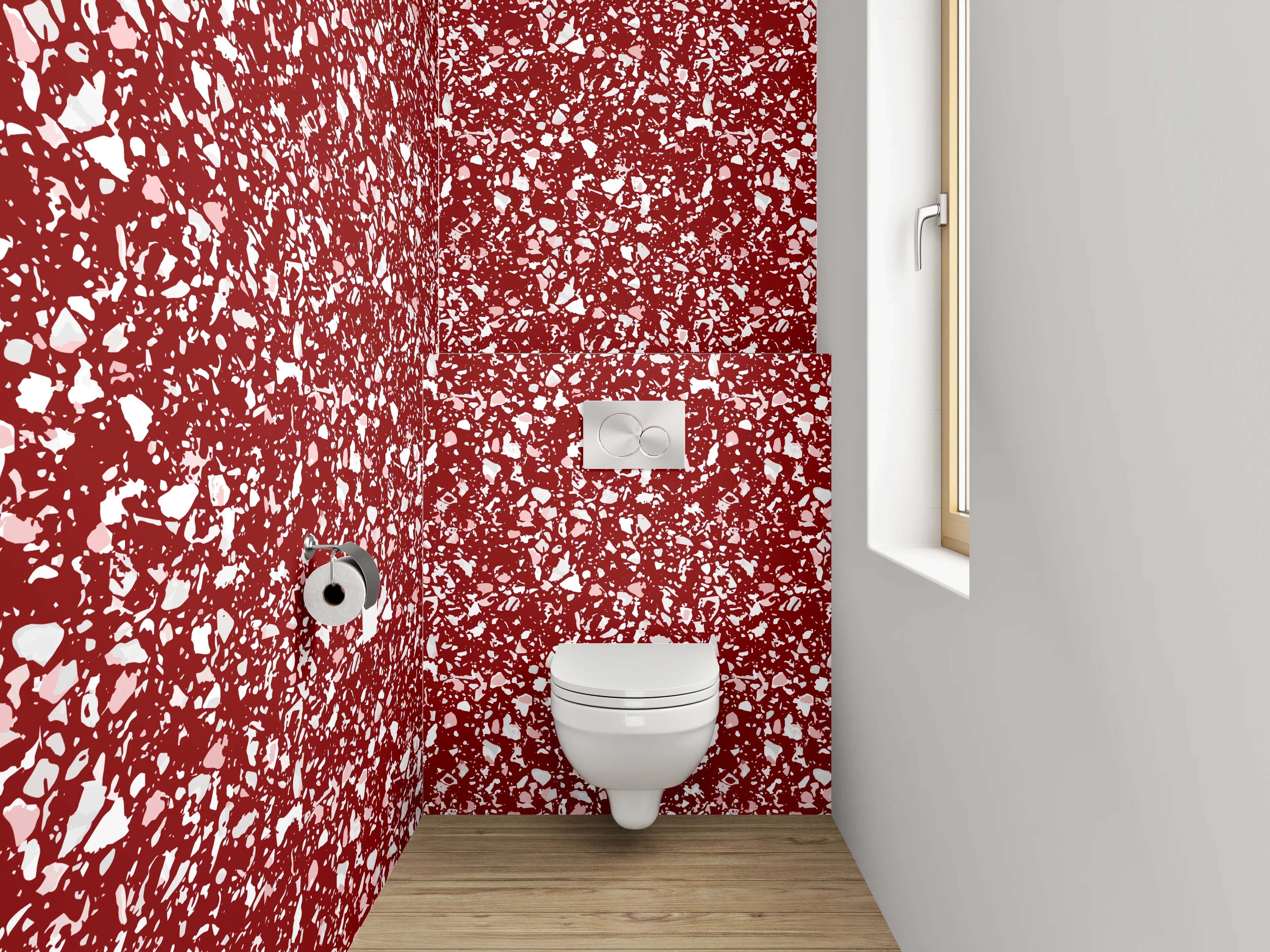 WC-Rückwand - Abstraktes Mosaikmuster in Rot-Weiß