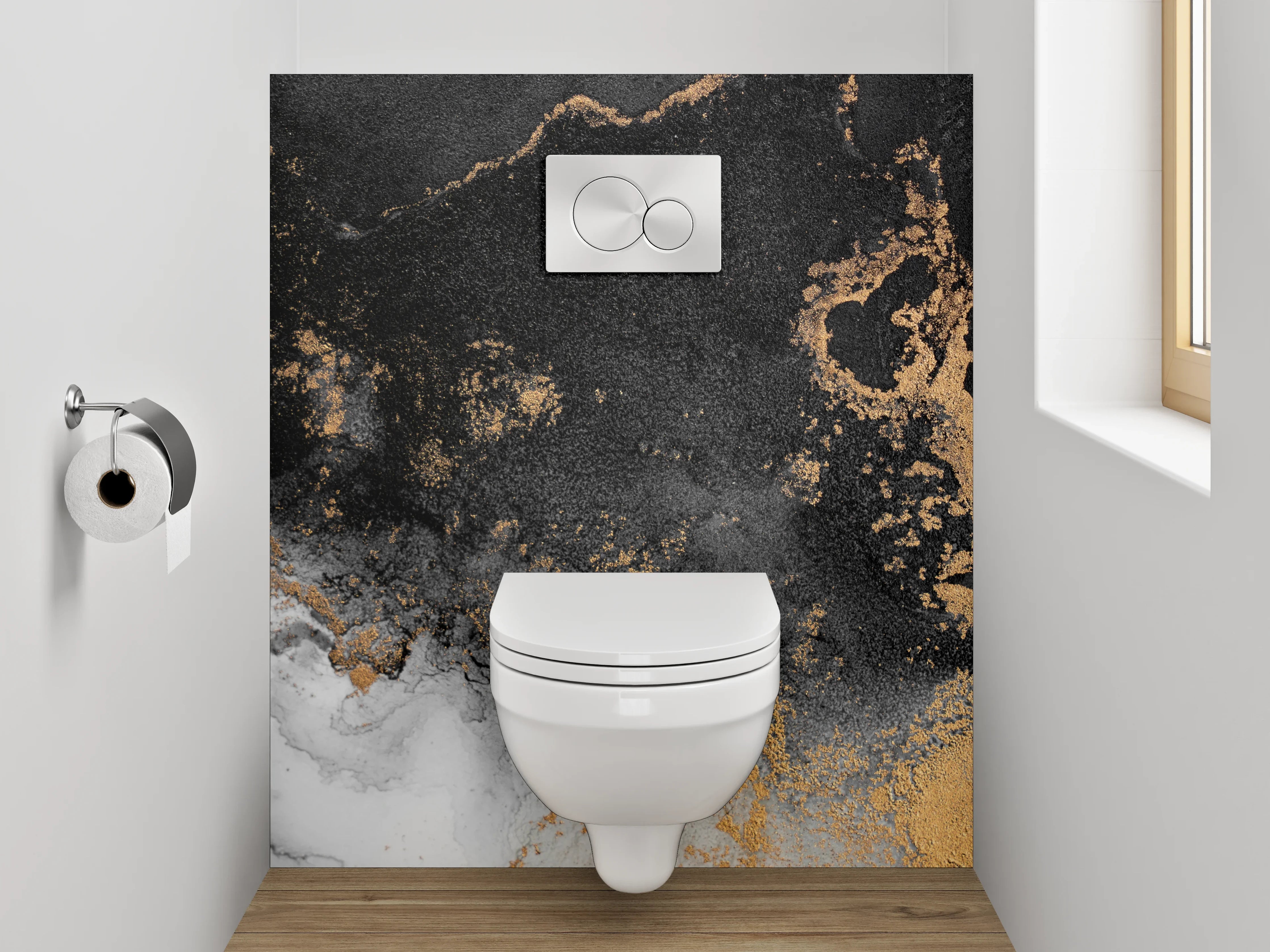 WC-Rückwand - Abstraktes Schwarz-Gold-Marmor Design