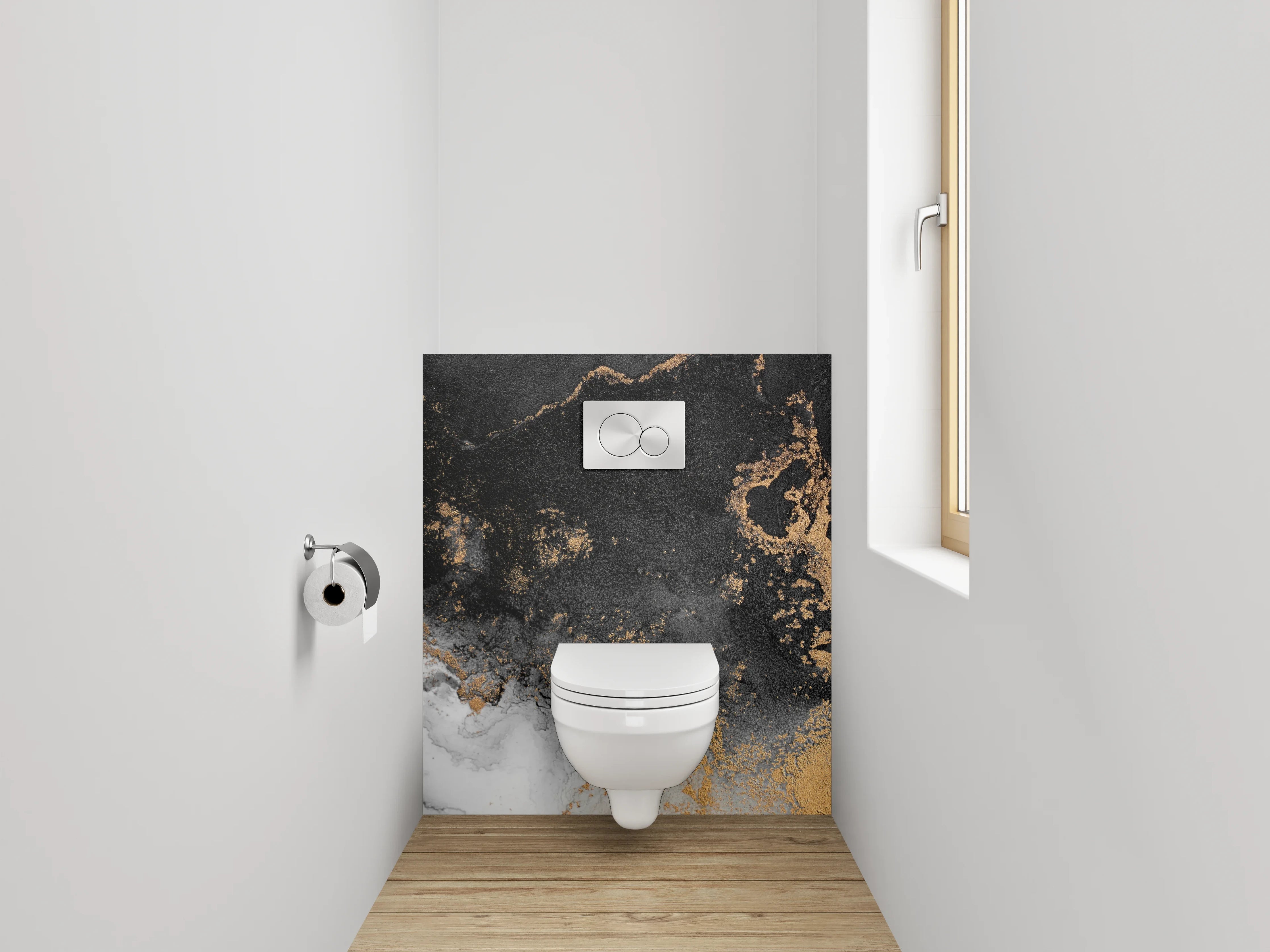 WC-Rückwand - Abstraktes Schwarz-Gold-Marmor Design