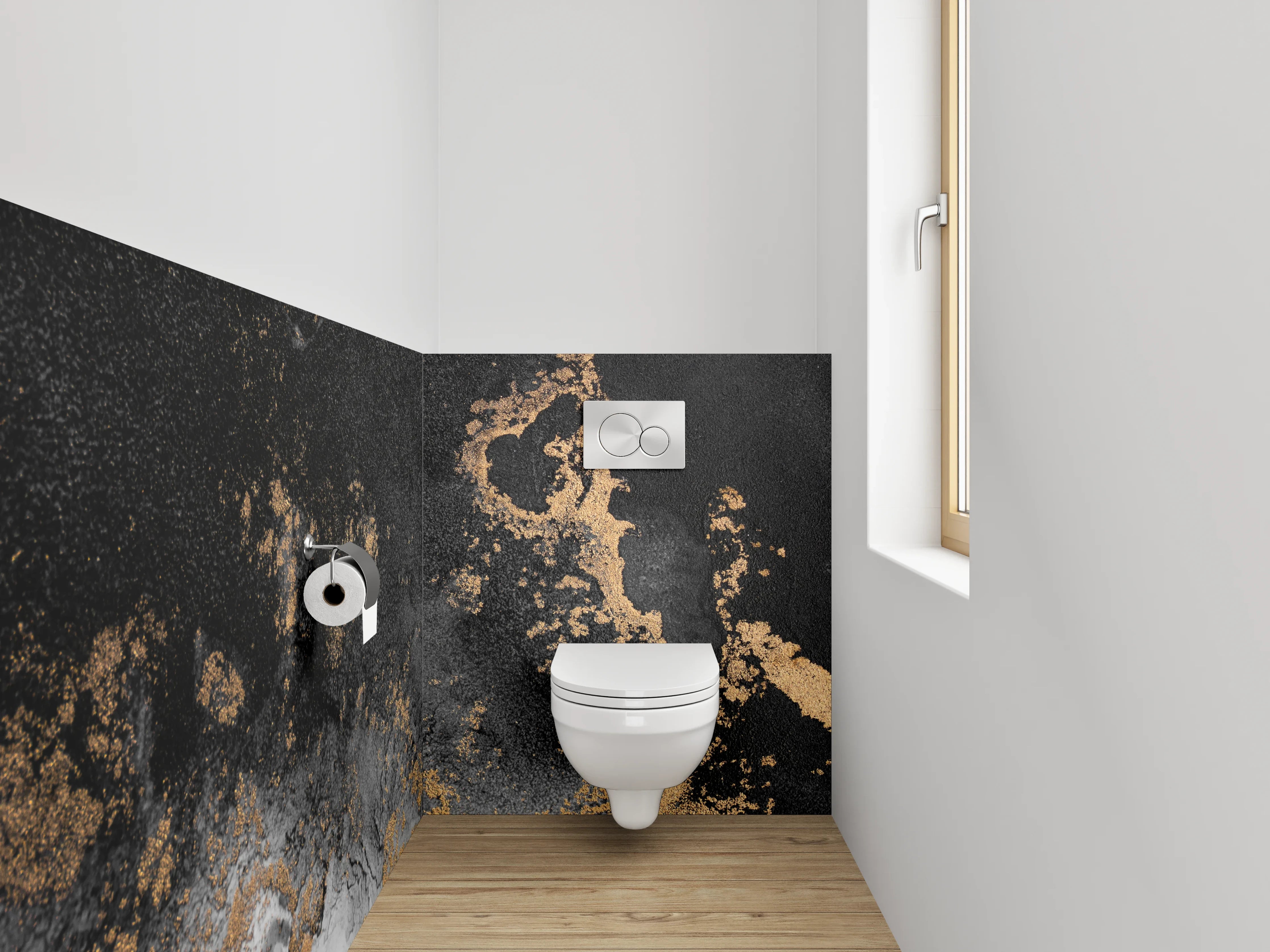 WC-Rückwand - Abstraktes Schwarz-Gold-Marmor Design