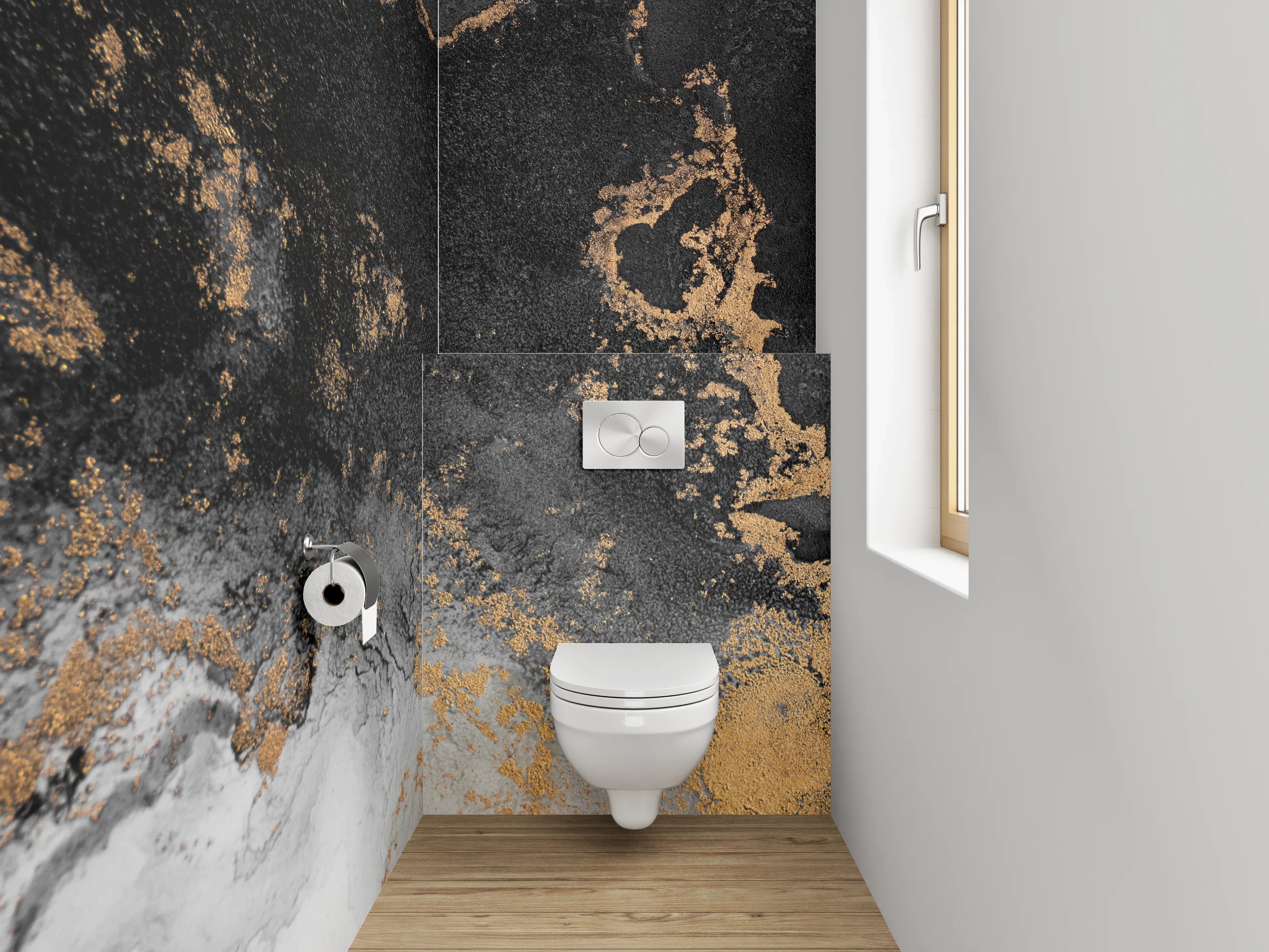 WC-Rückwand - Abstraktes Schwarz-Gold-Marmor Design