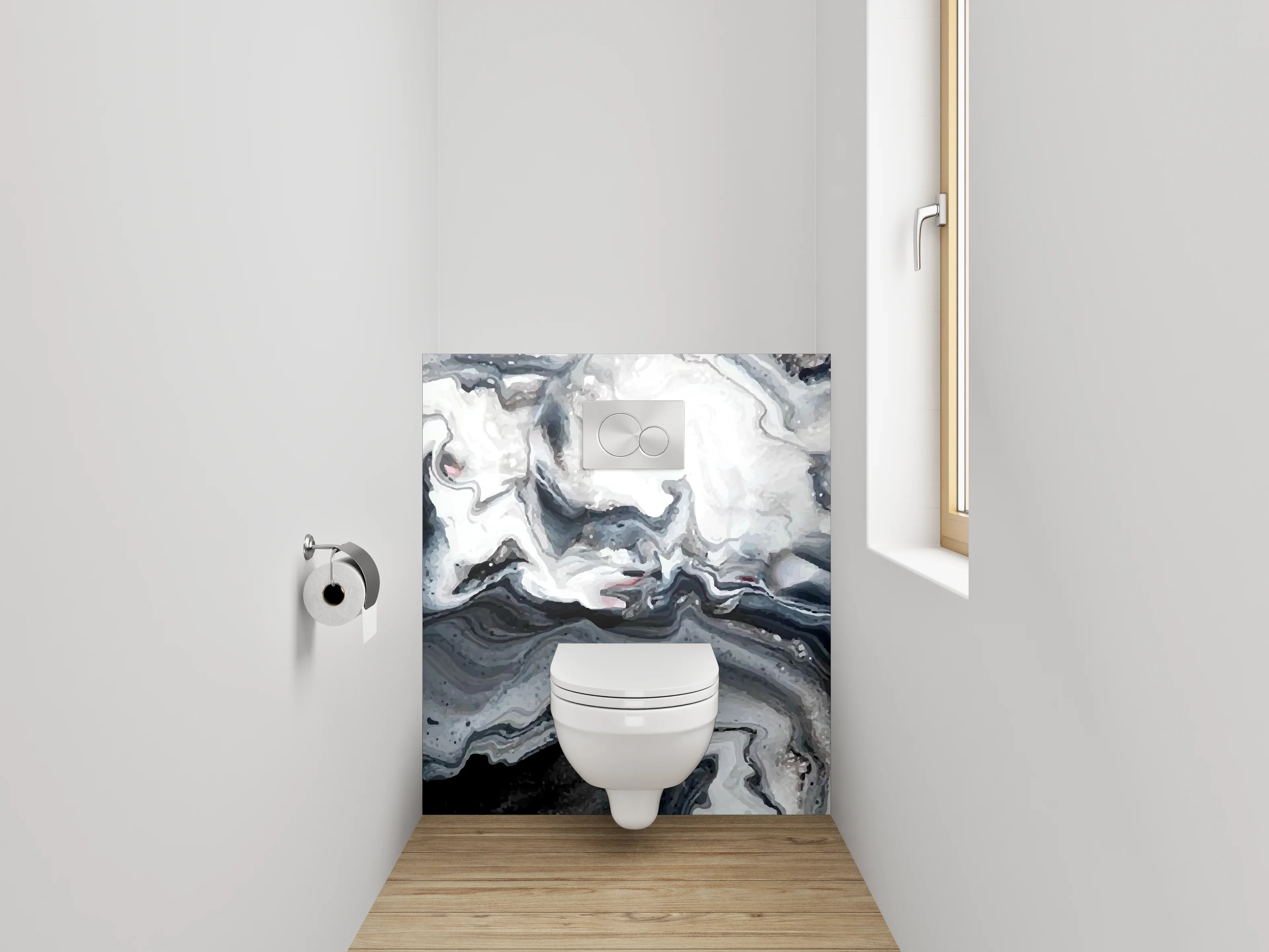 WC-Rückwand - Abstraktes Schwarz-Weiß-Marmor Design
