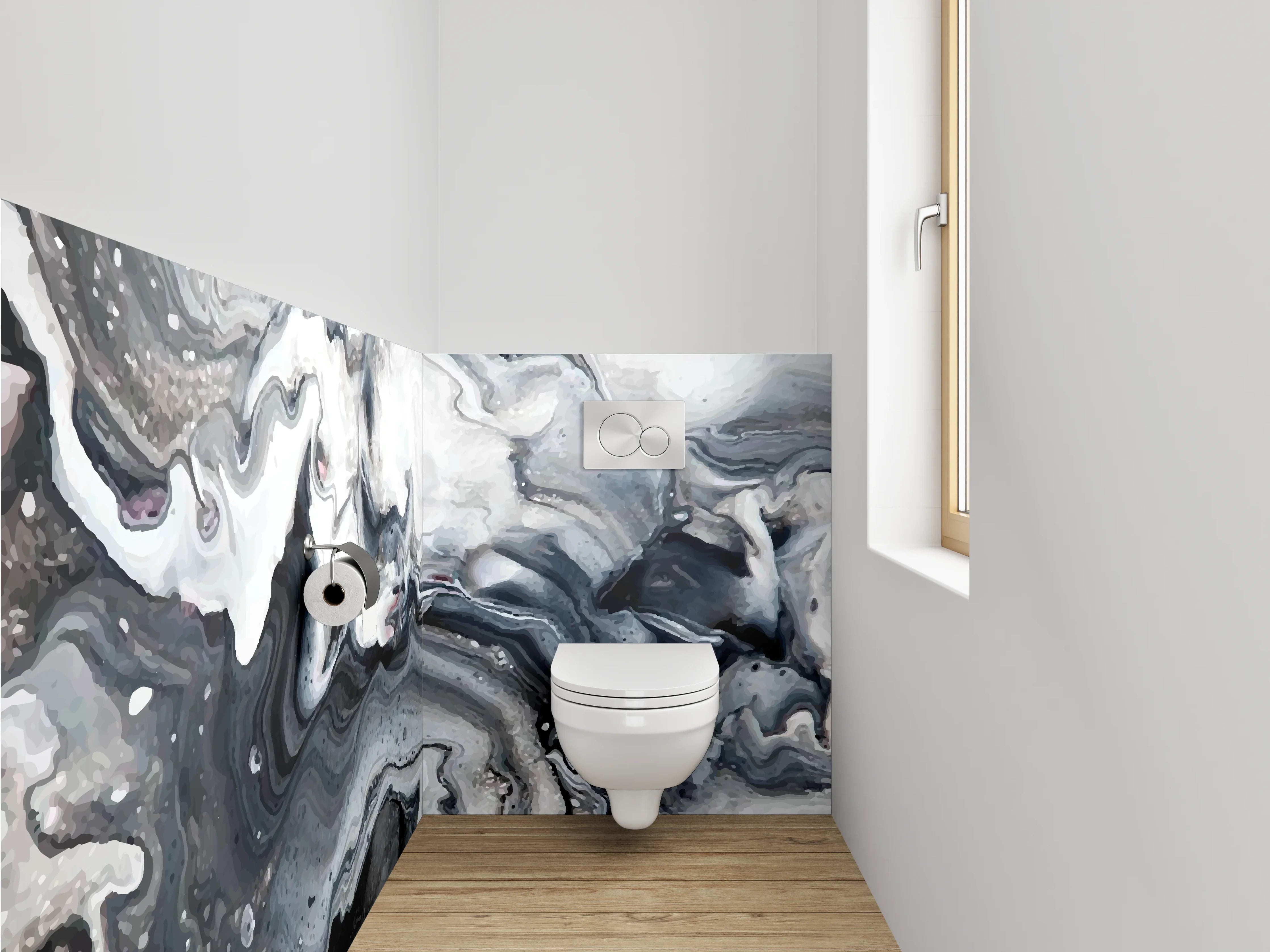 WC-Rückwand - Abstraktes Schwarz-Weiß-Marmor Design