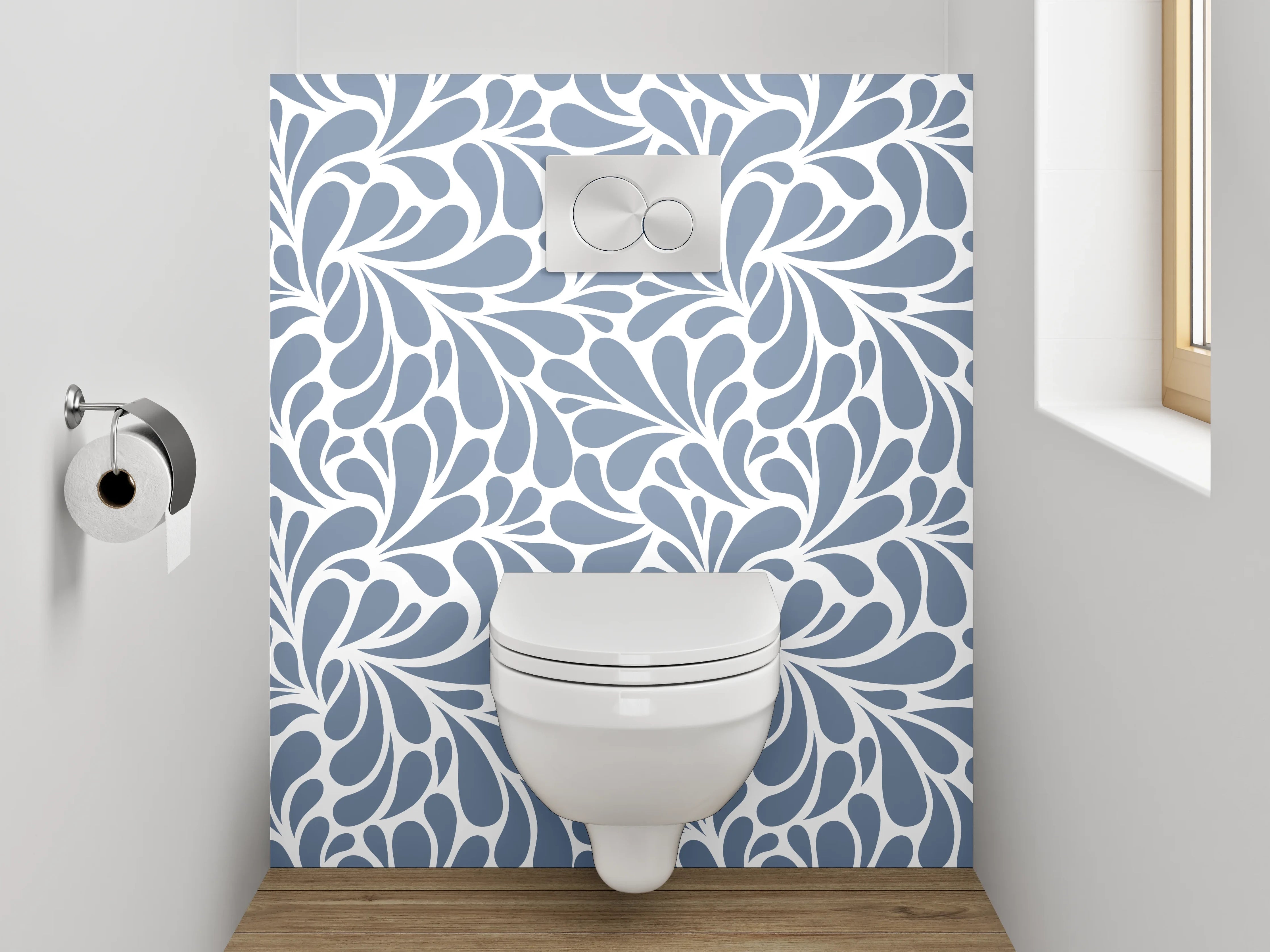 WC-Rückwand - Abstraktes florales Muster Blau Weiß