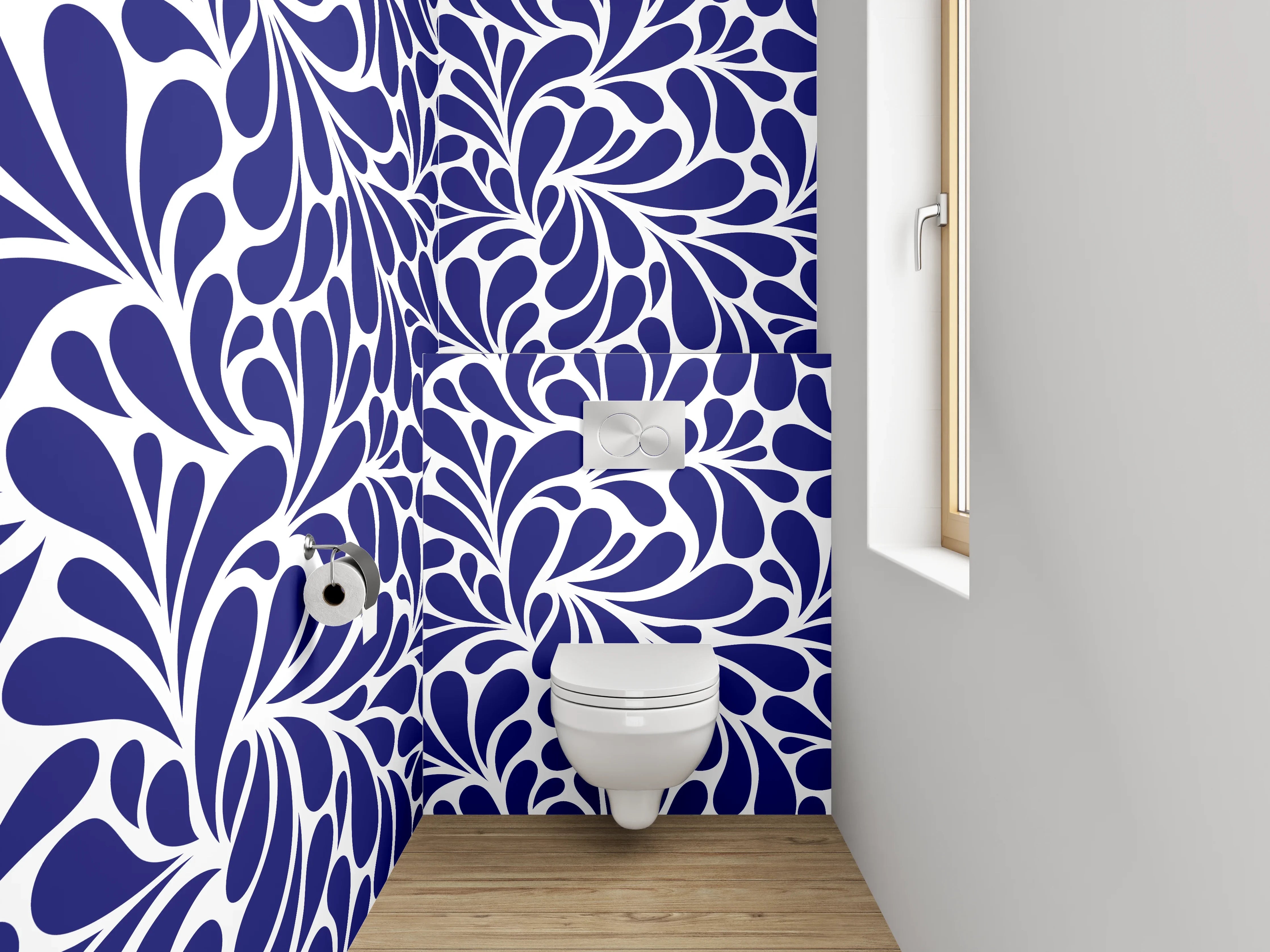 WC-Rückwand - Abstraktes florales Muster Dunkelblau Weiß