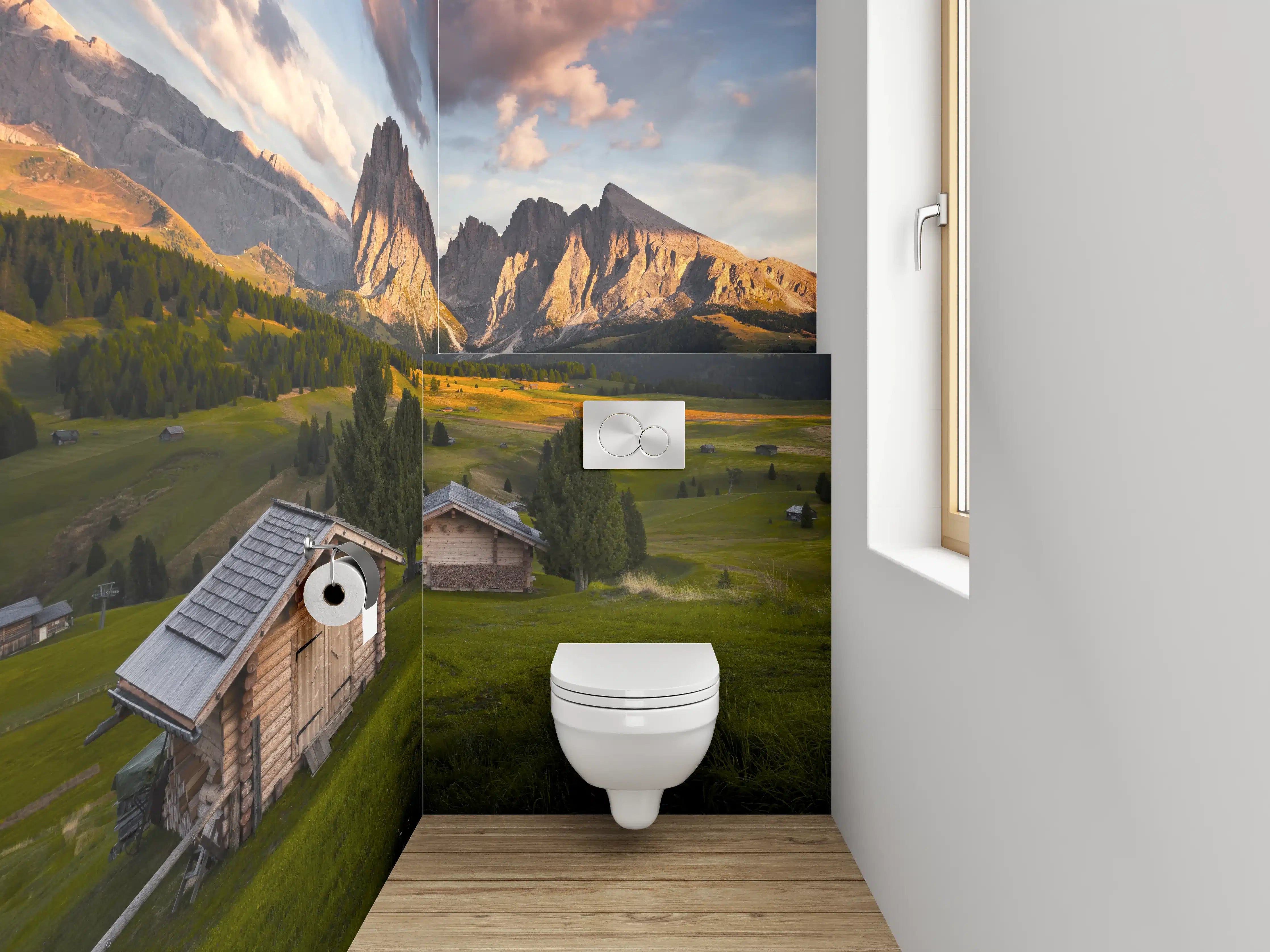 WC-Rückwand - Almhütten-Panorama mit Dolomitenblick