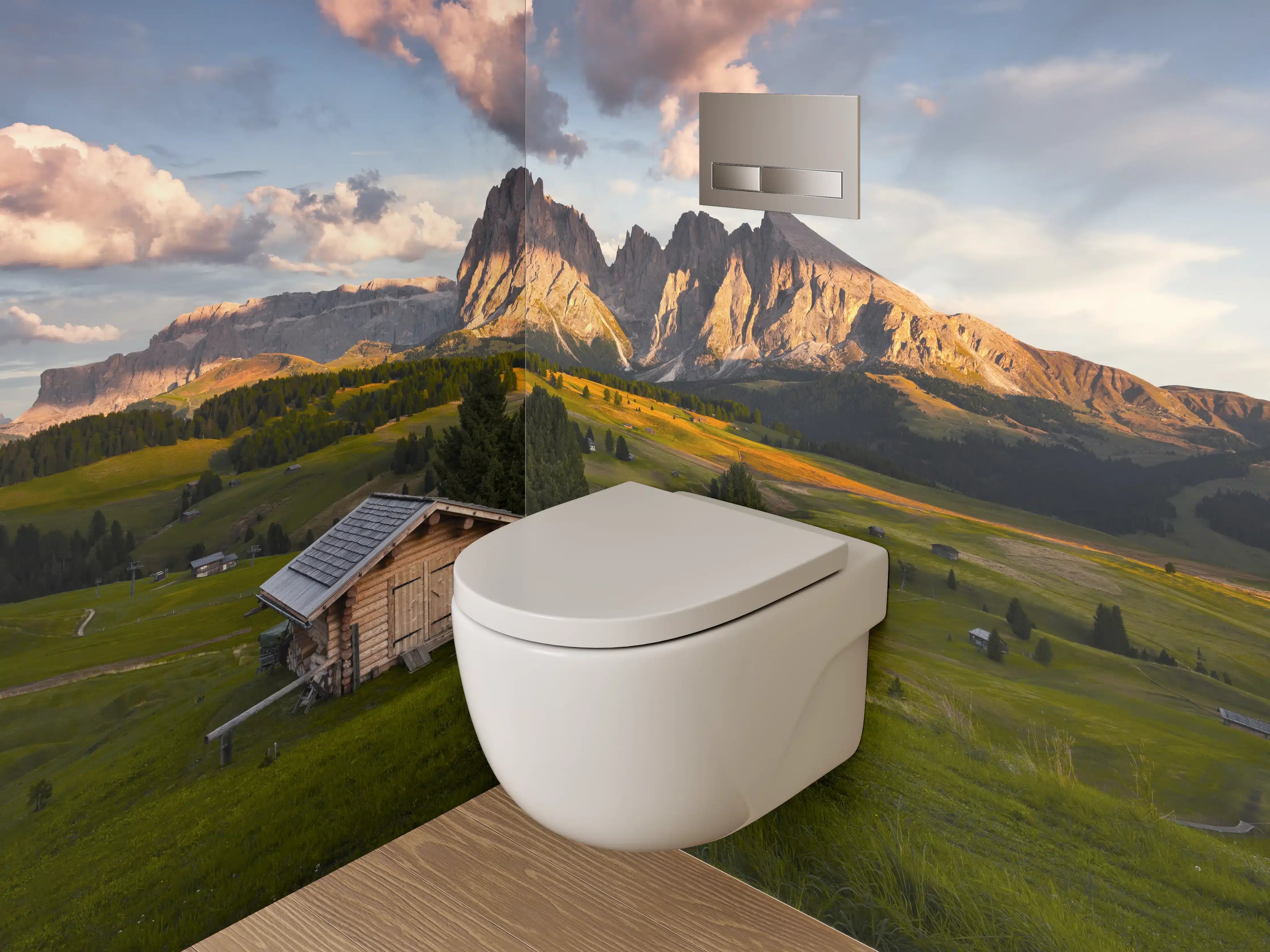 WC-Rückwand - Almhütten-Panorama mit Dolomitenblick