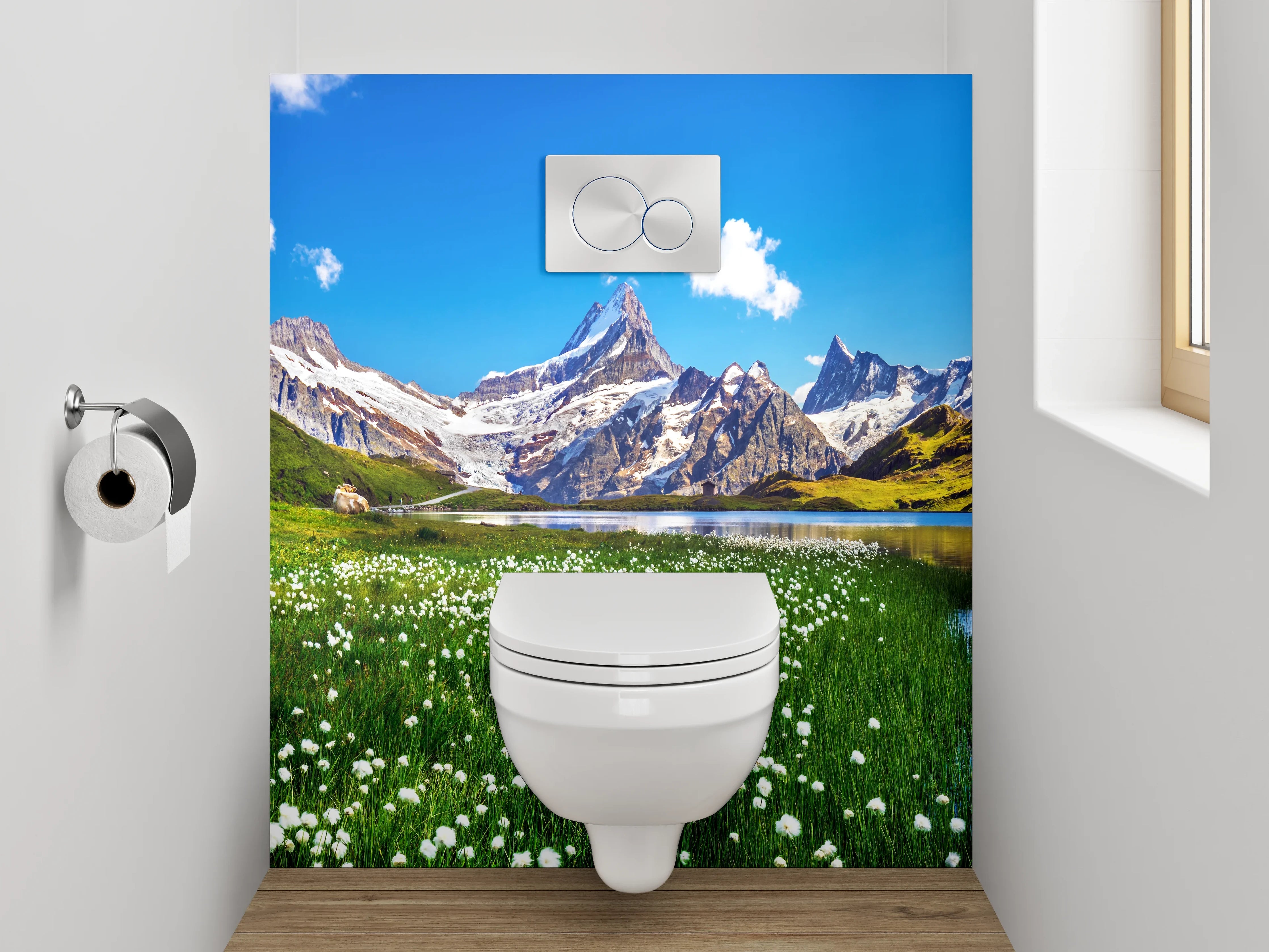 WC-Rückwand - Alpenlandschaft Spiegelung See Bergwiese