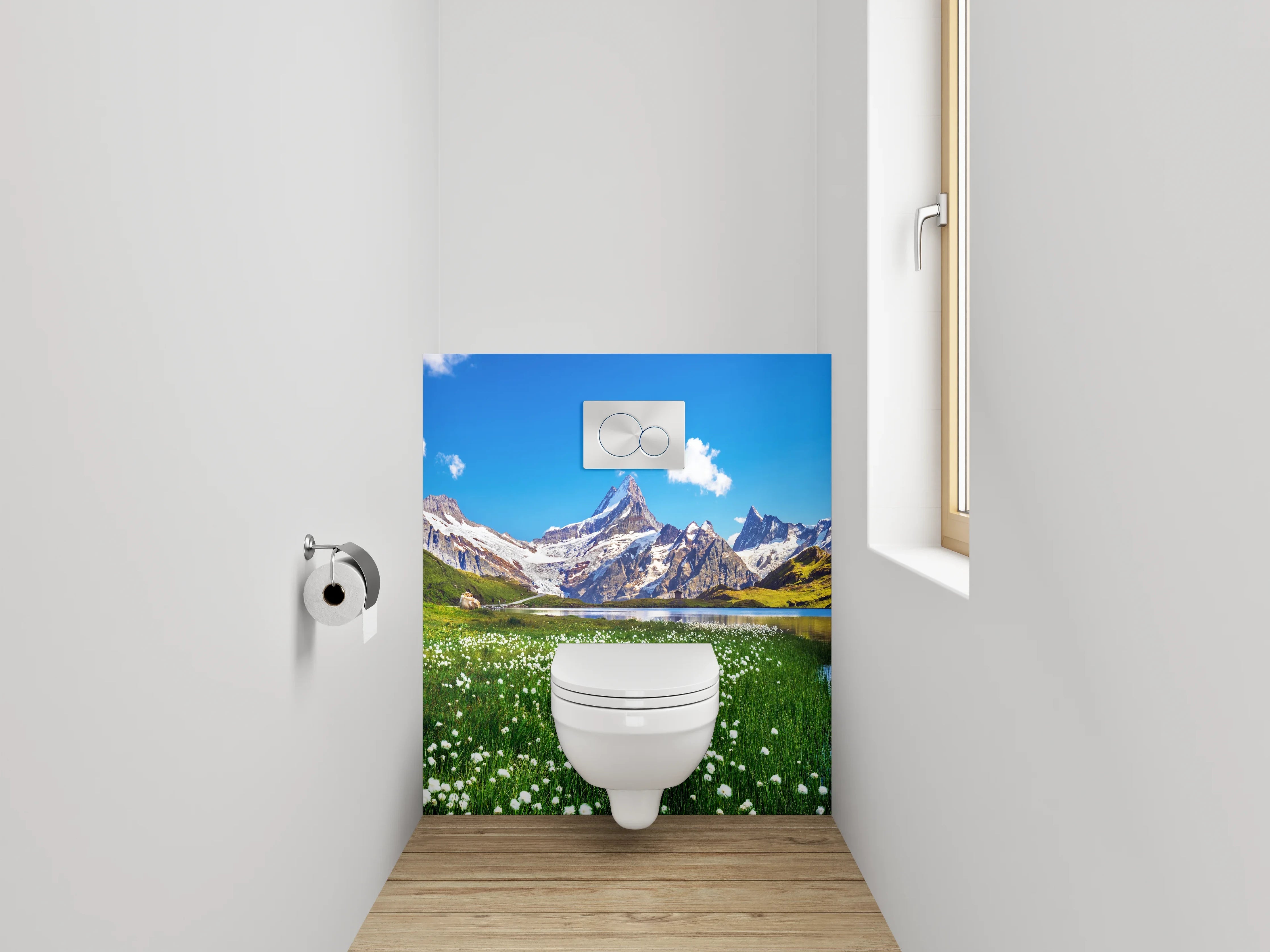 WC-Rückwand - Alpenlandschaft Spiegelung See Bergwiese