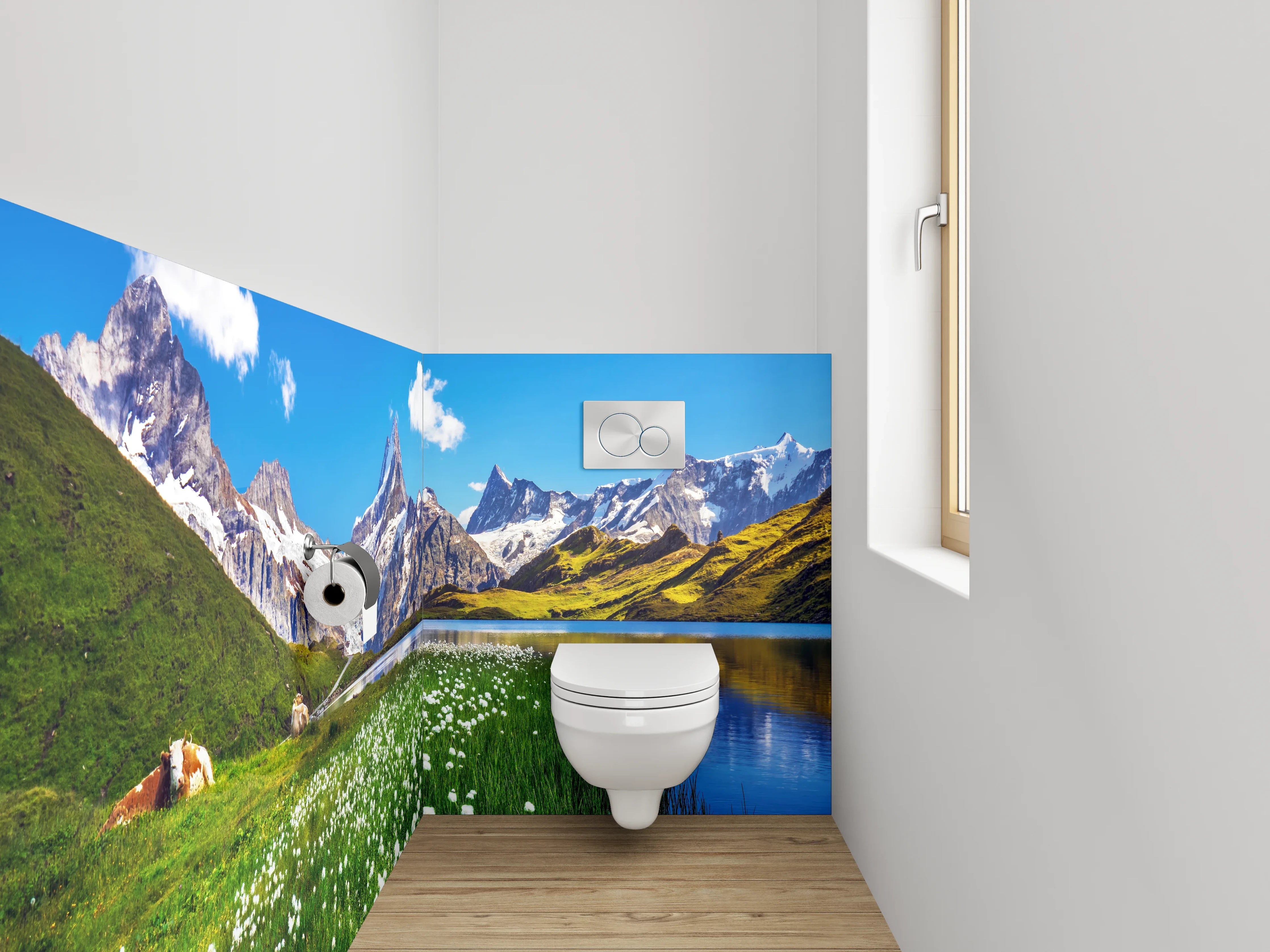WC-Rückwand - Alpenlandschaft Spiegelung See Bergwiese