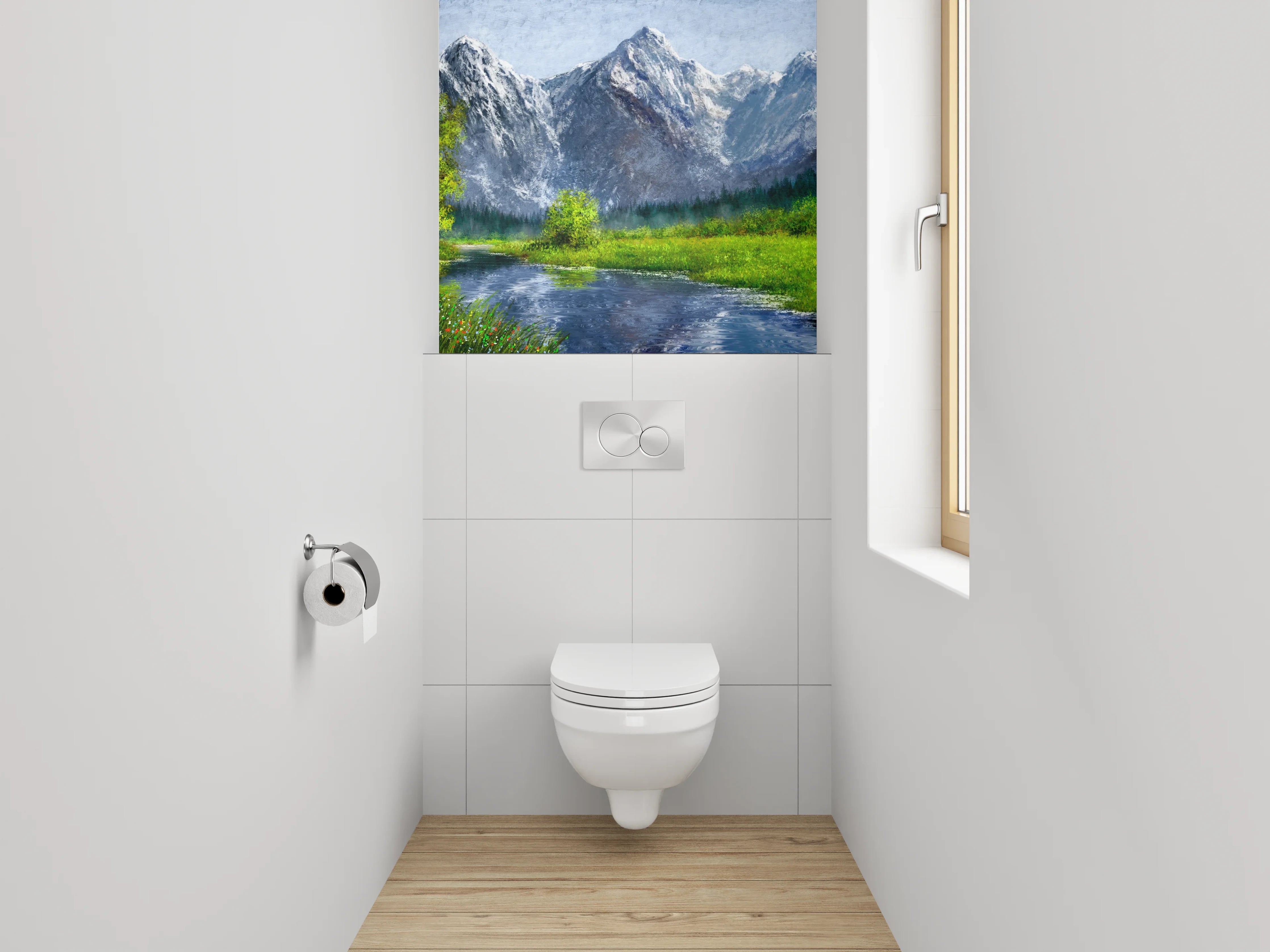 WC-Rückwand - Alpenlandschaft mit Fluss – Gemälde
