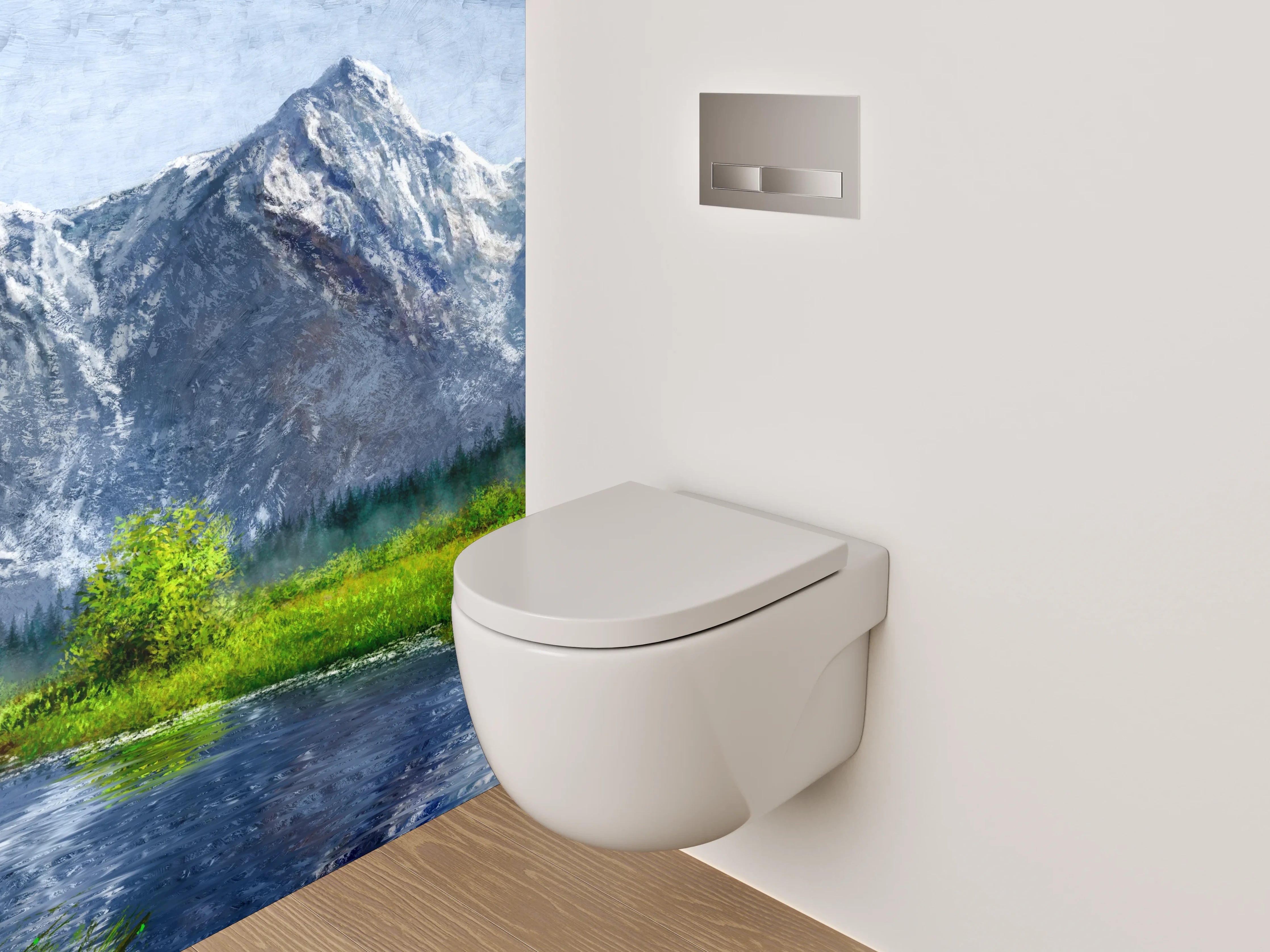WC-Rückwand - Alpenlandschaft mit Fluss – Gemälde