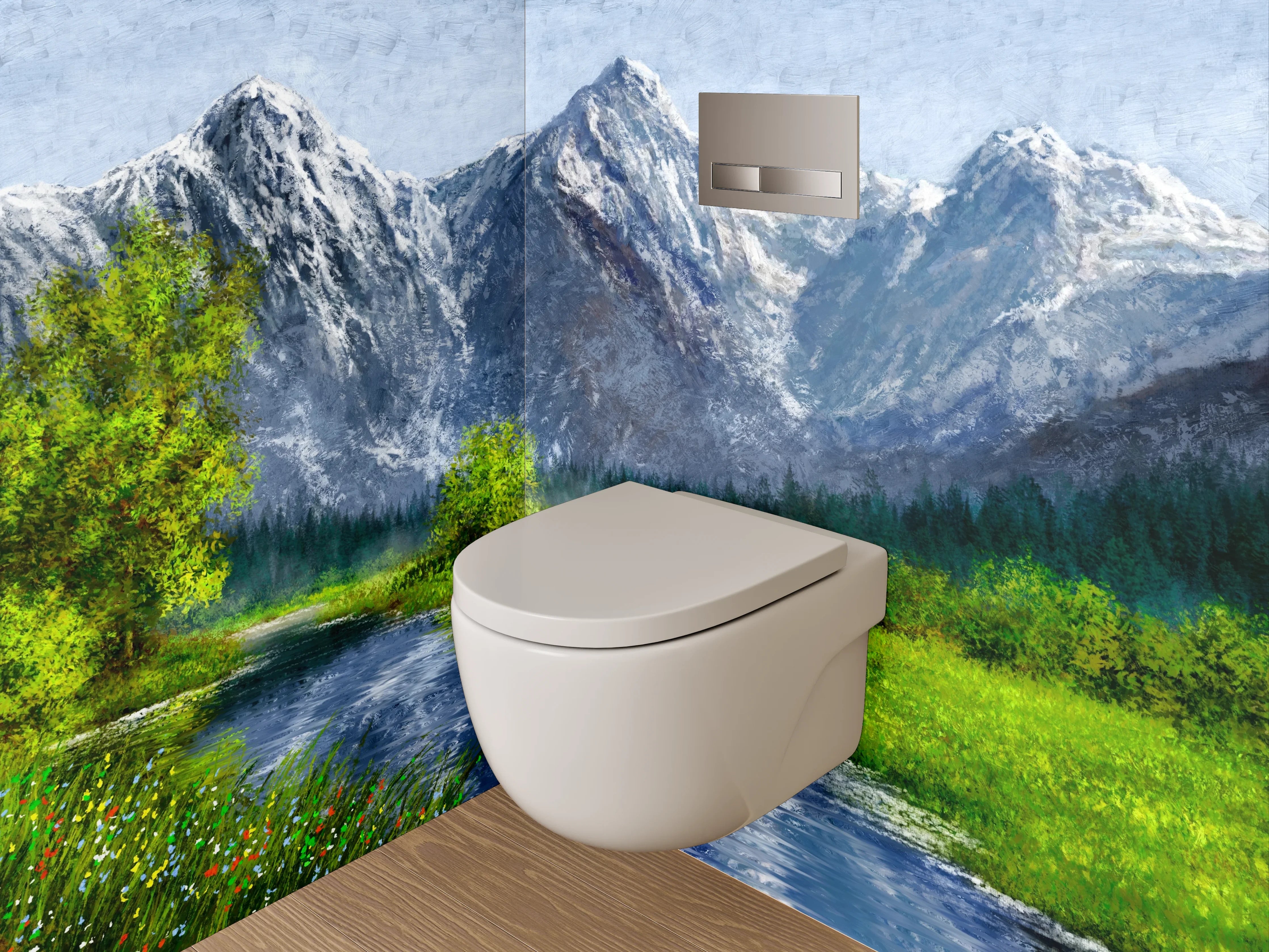 WC-Rückwand - Alpenlandschaft mit Fluss – Gemälde