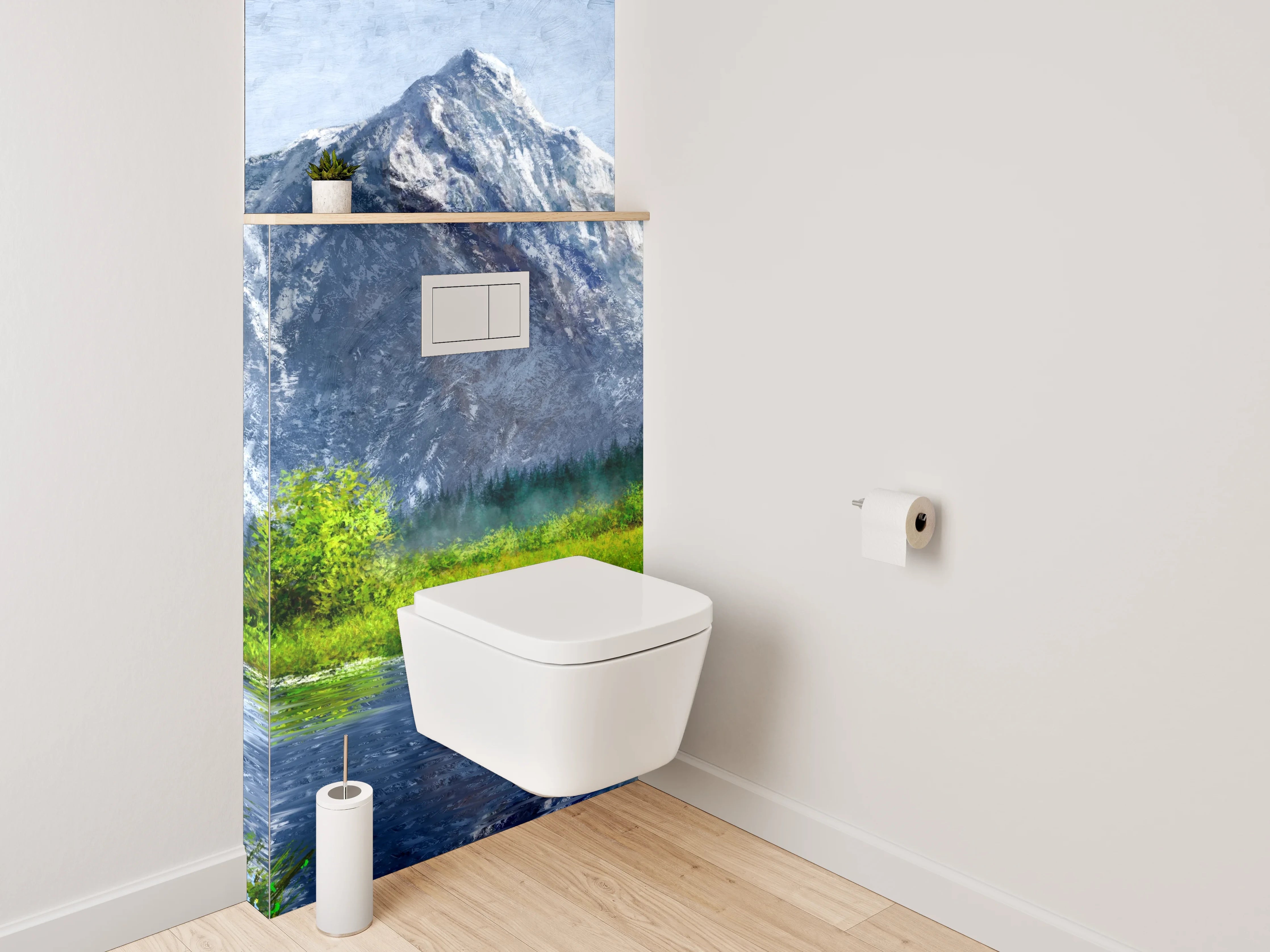 WC-Rückwand - Alpenlandschaft mit Fluss – Gemälde
