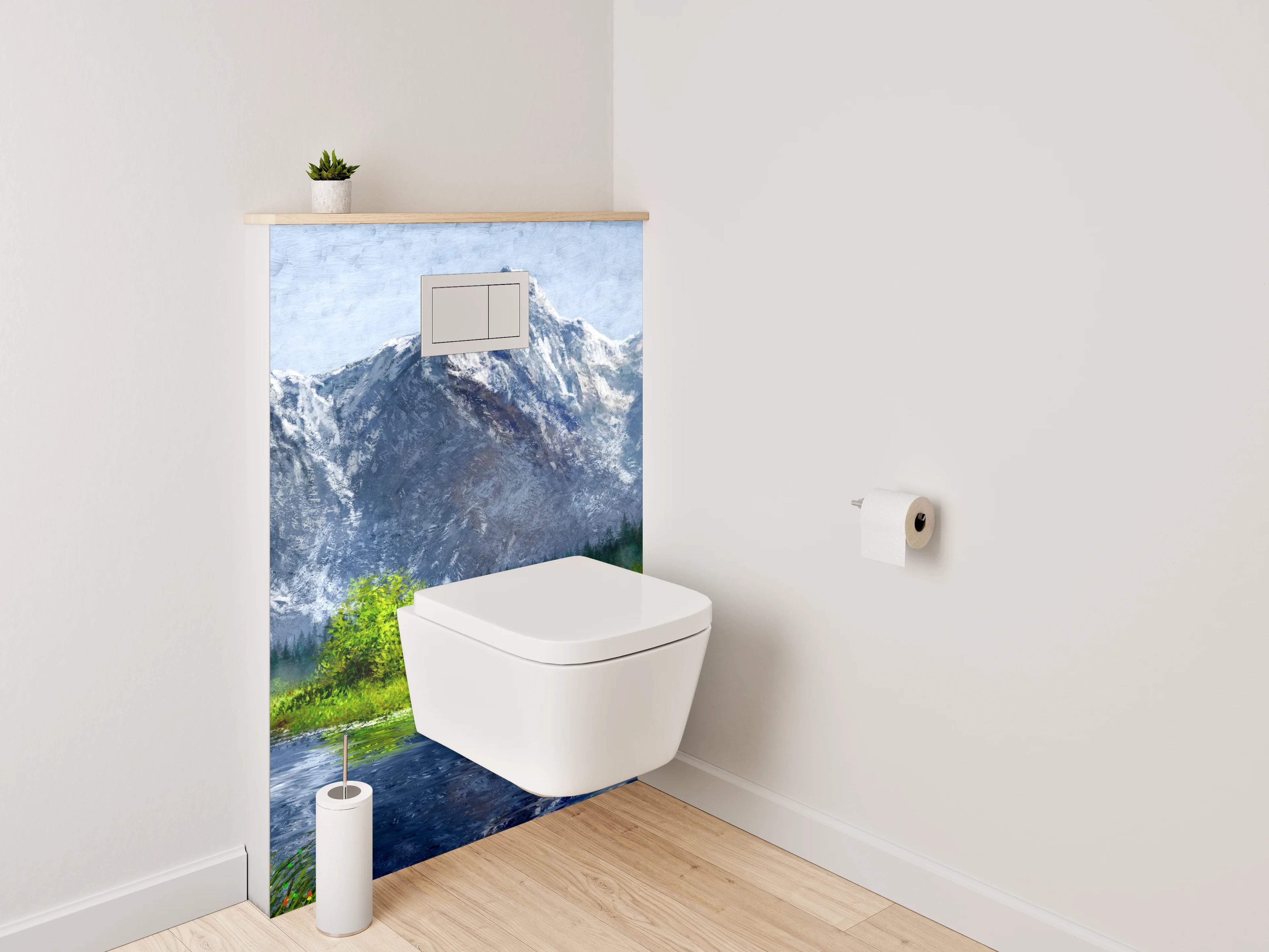WC-Rückwand - Alpenlandschaft mit Fluss – Gemälde