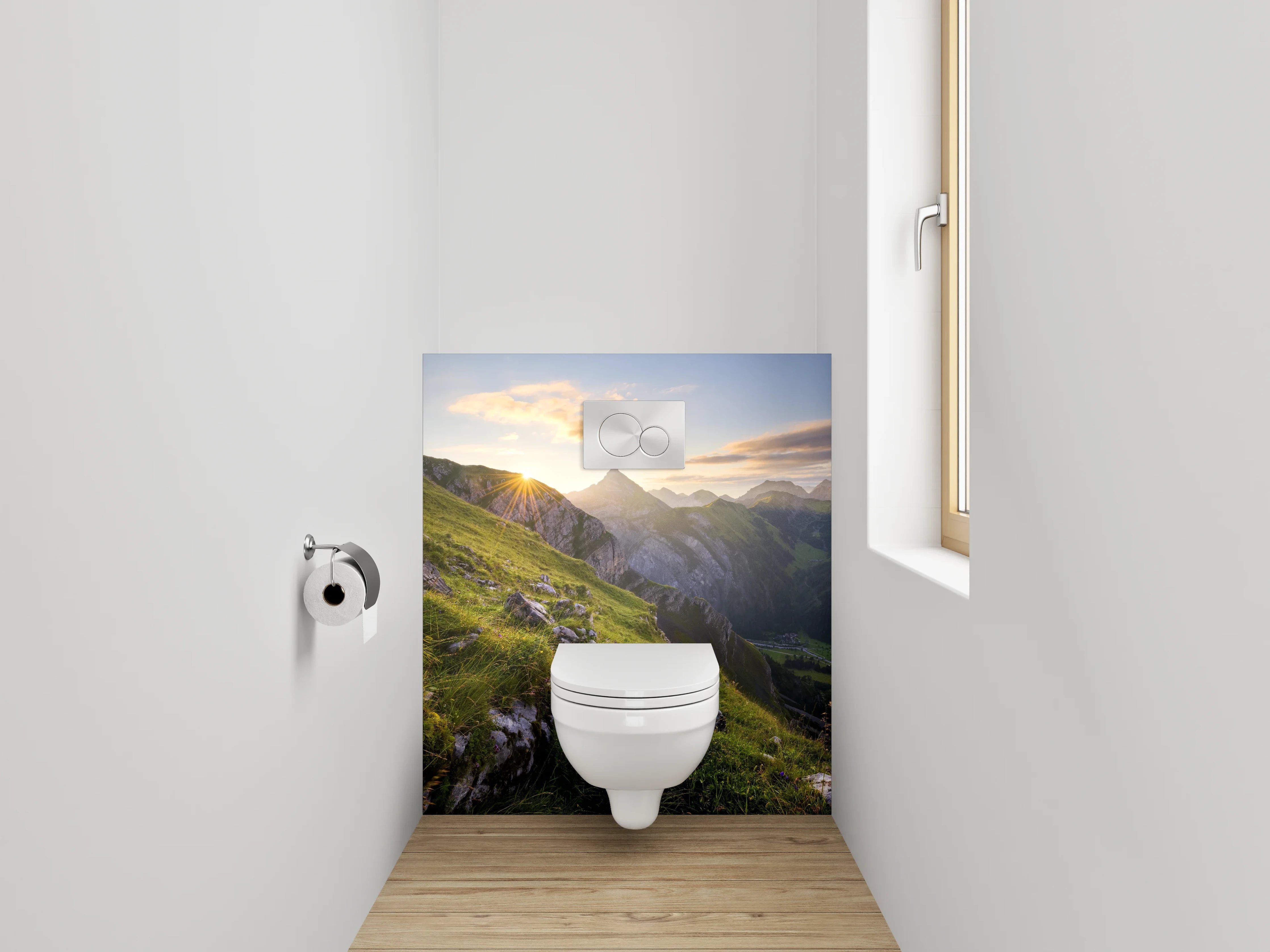 WC-Rückwand - Alpenpanorama Sonnenaufgang Berge Wiese