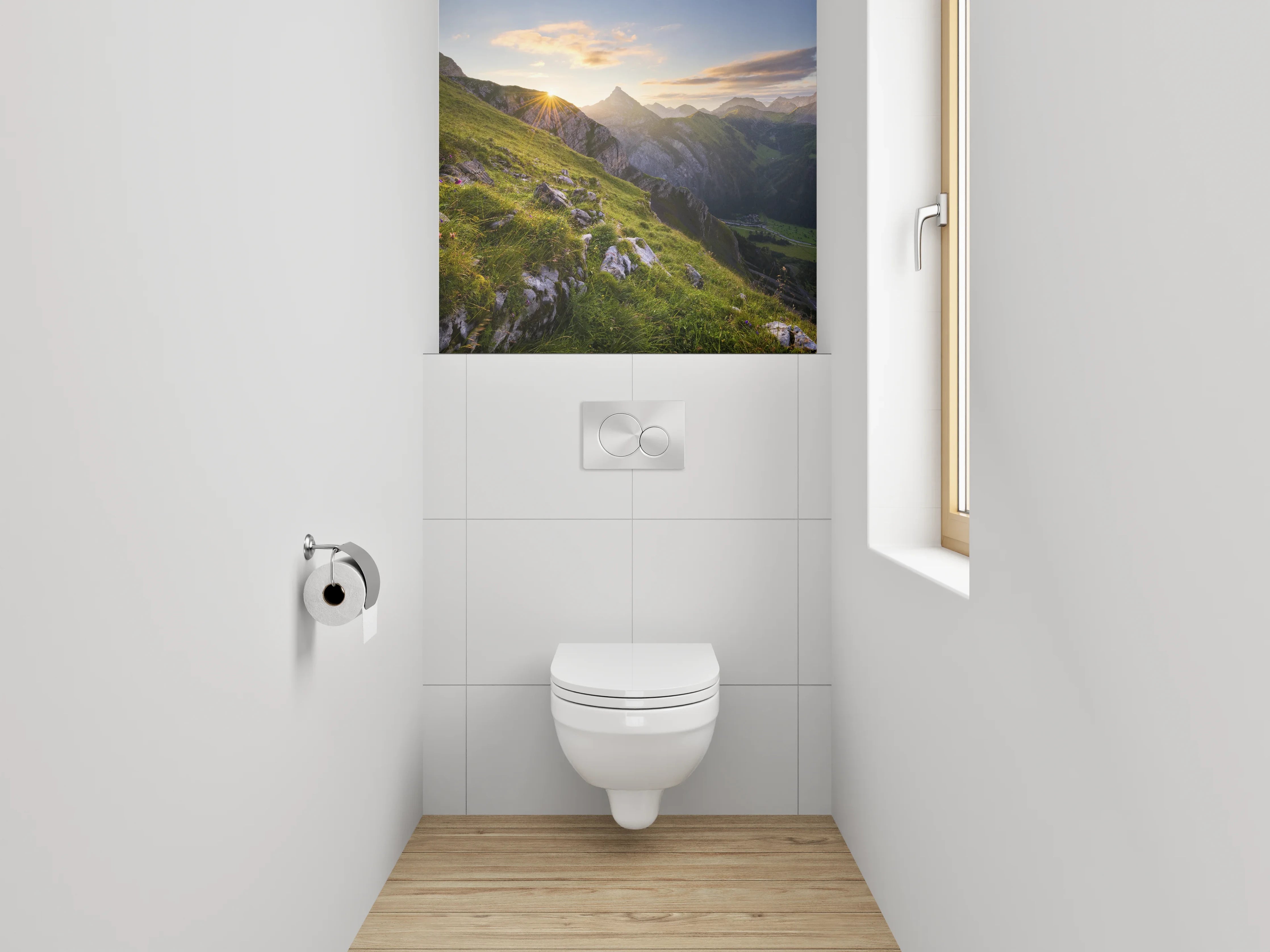 WC-Rückwand - Alpenpanorama Sonnenaufgang Berge Wiese