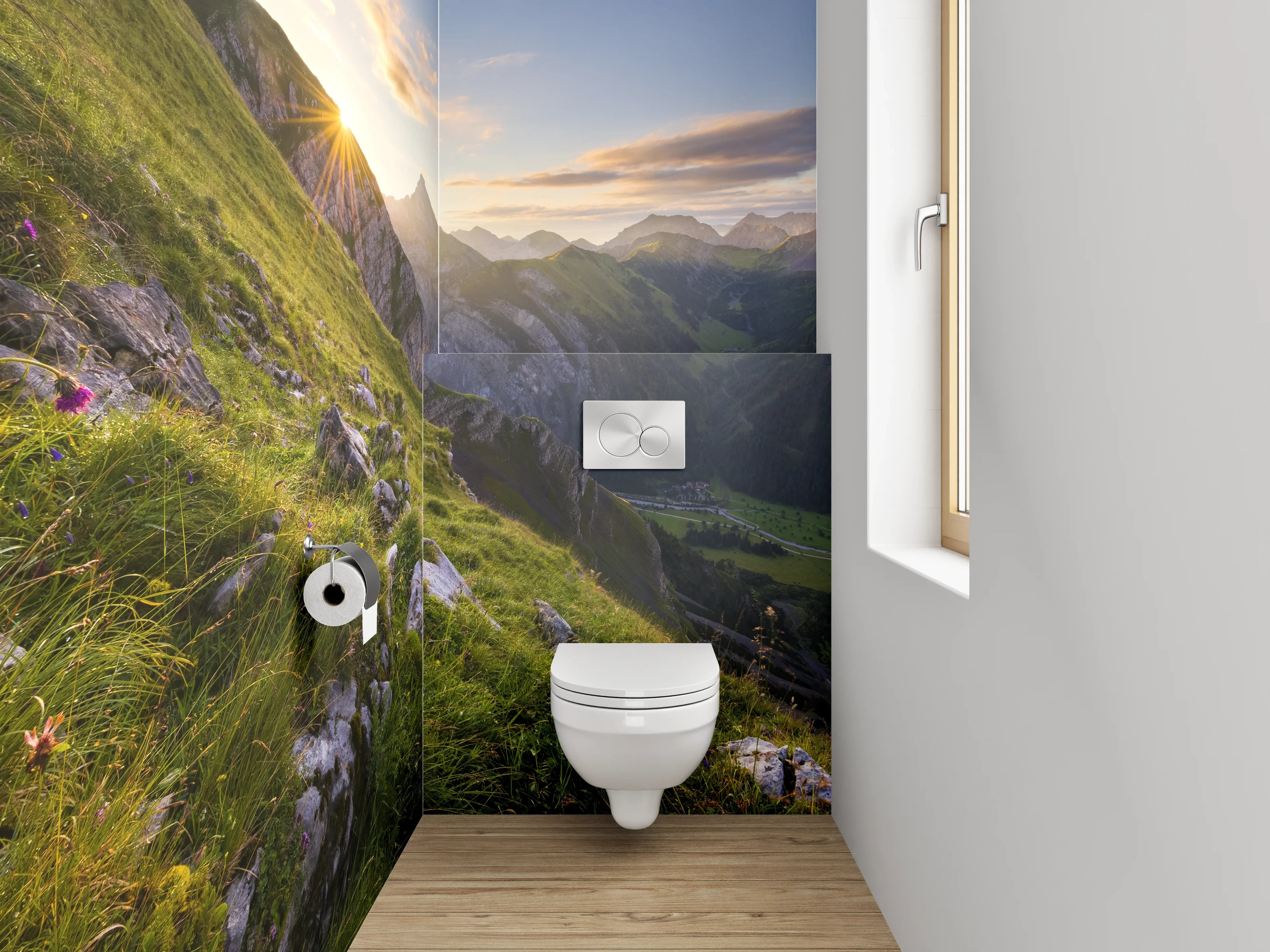 WC-Rückwand - Alpenpanorama Sonnenaufgang Berge Wiese