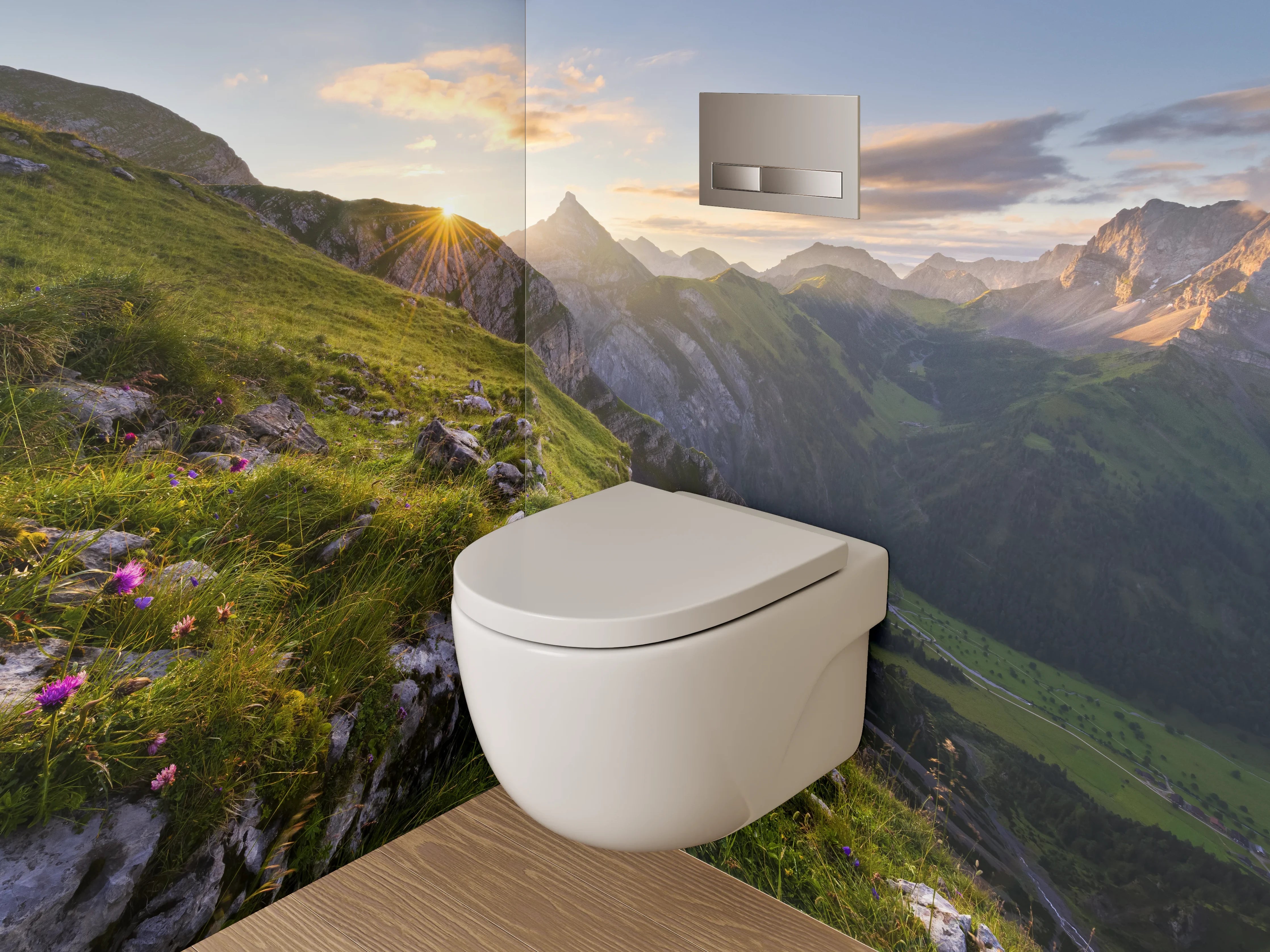 WC-Rückwand - Alpenpanorama Sonnenaufgang Berge Wiese