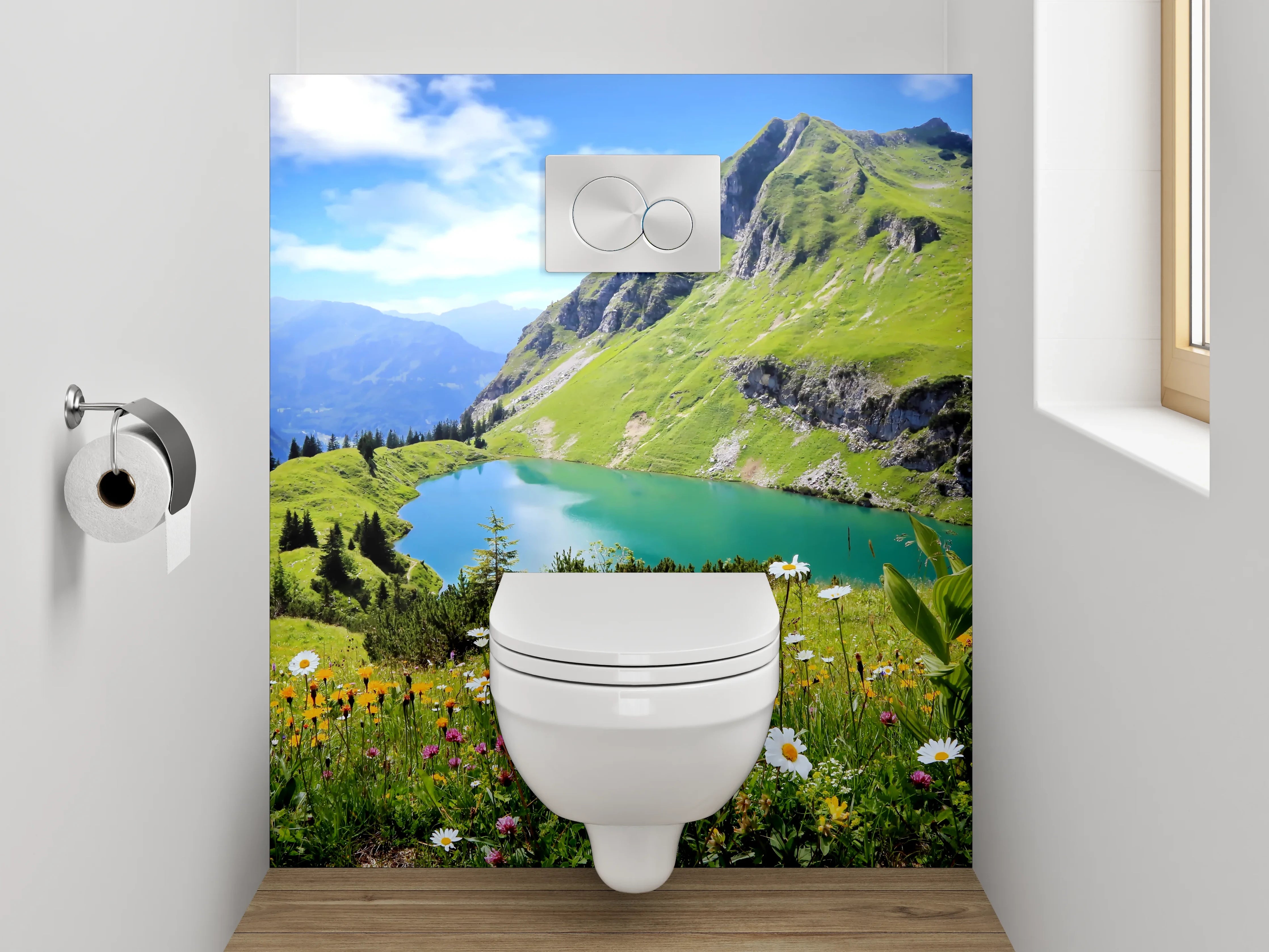WC-Rückwand - Alpenpanorama mit Bergsee und Blumen