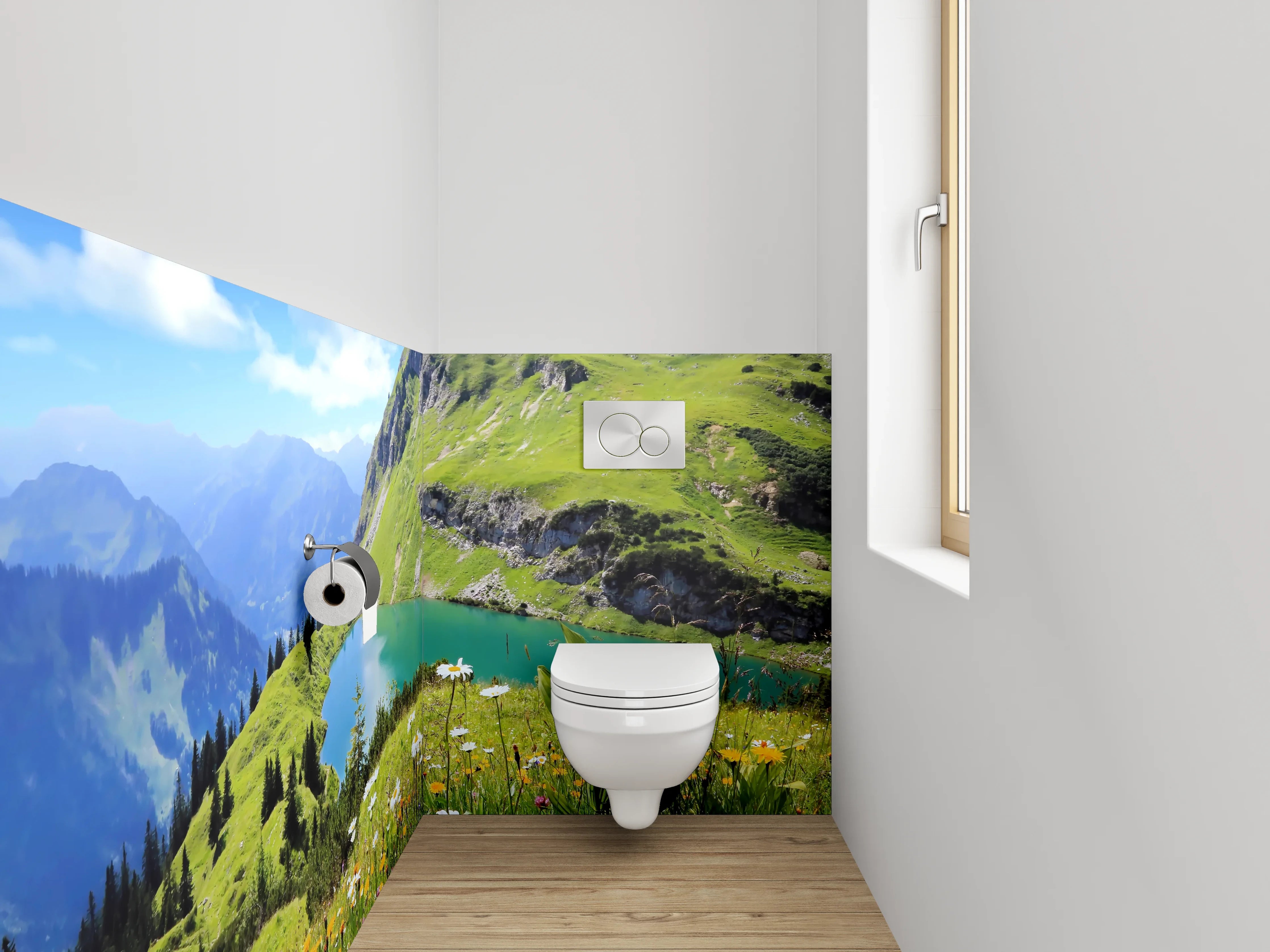 WC-Rückwand - Alpenpanorama mit Bergsee und Blumen