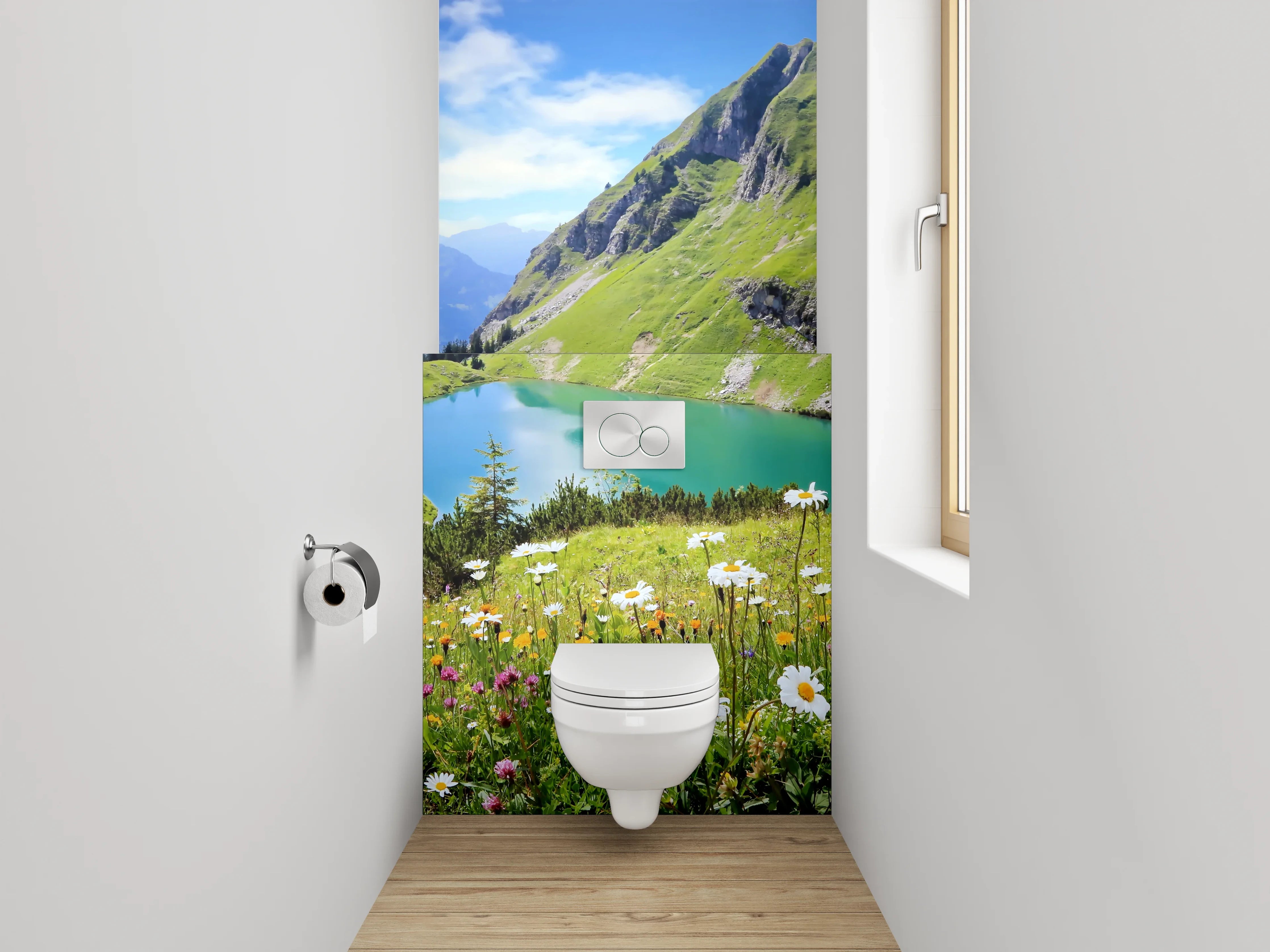 WC-Rückwand - Alpenpanorama mit Bergsee und Blumen