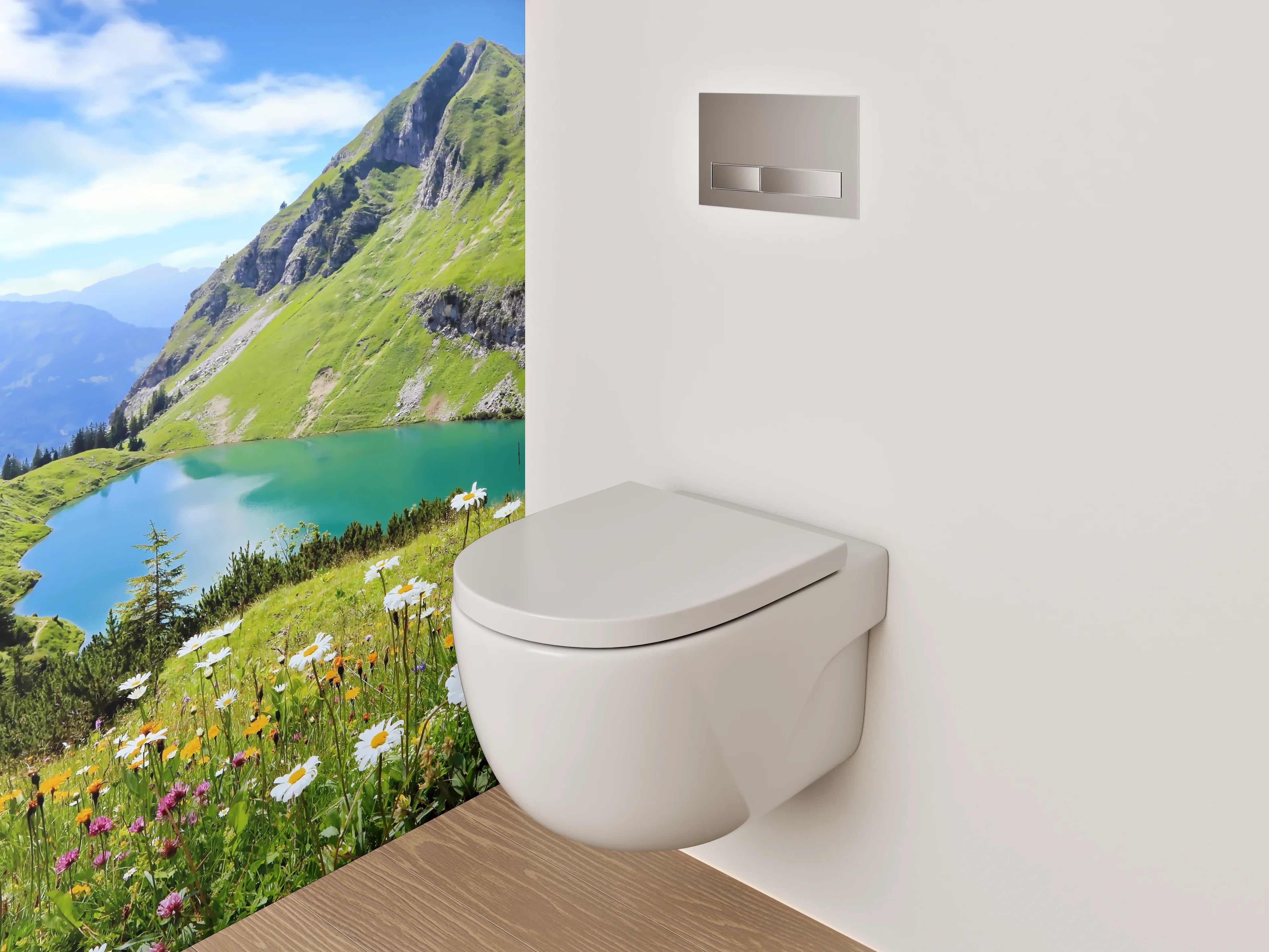 WC-Rückwand - Alpenpanorama mit Bergsee und Blumen