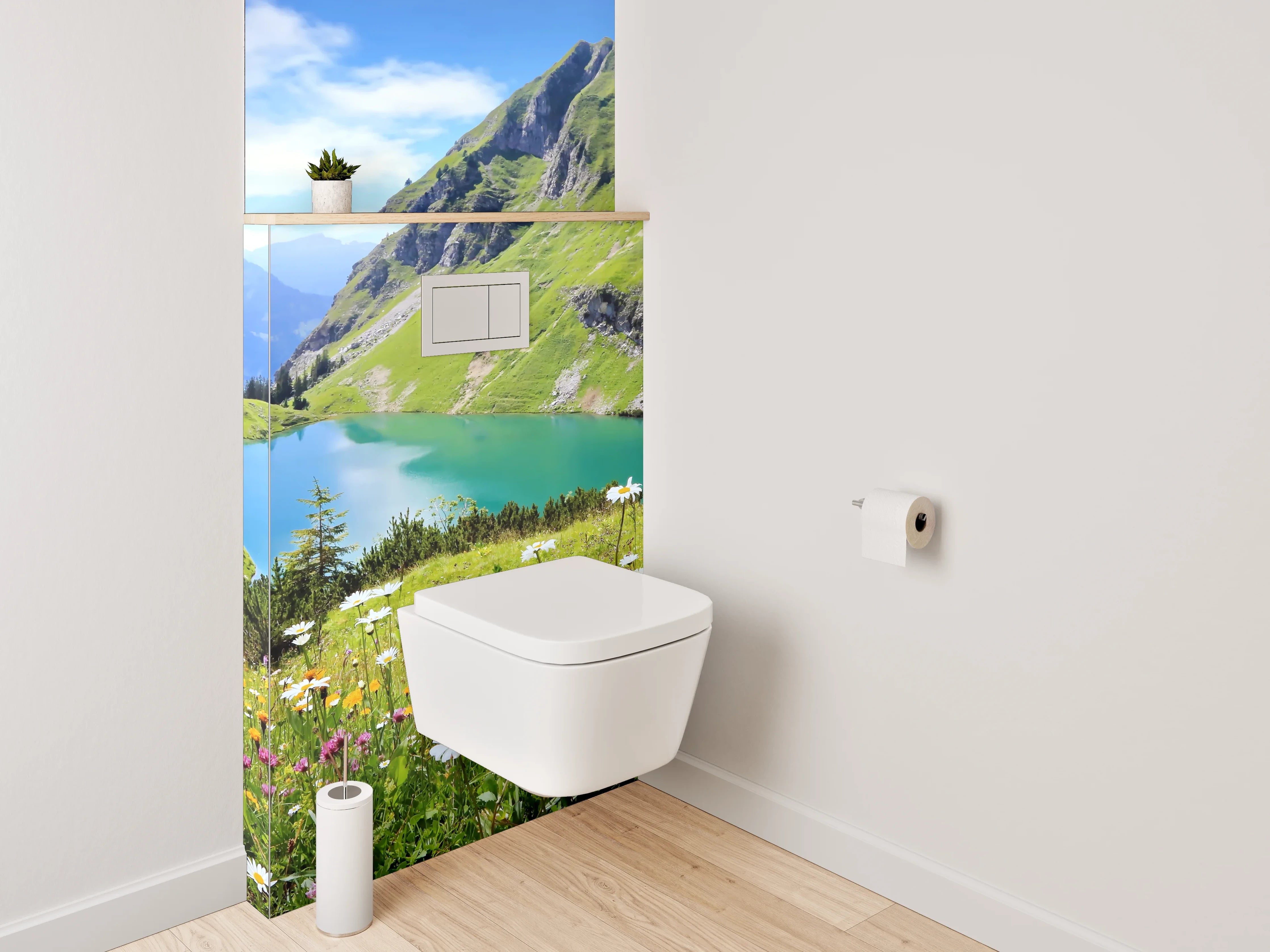 WC-Rückwand - Alpenpanorama mit Bergsee und Blumen