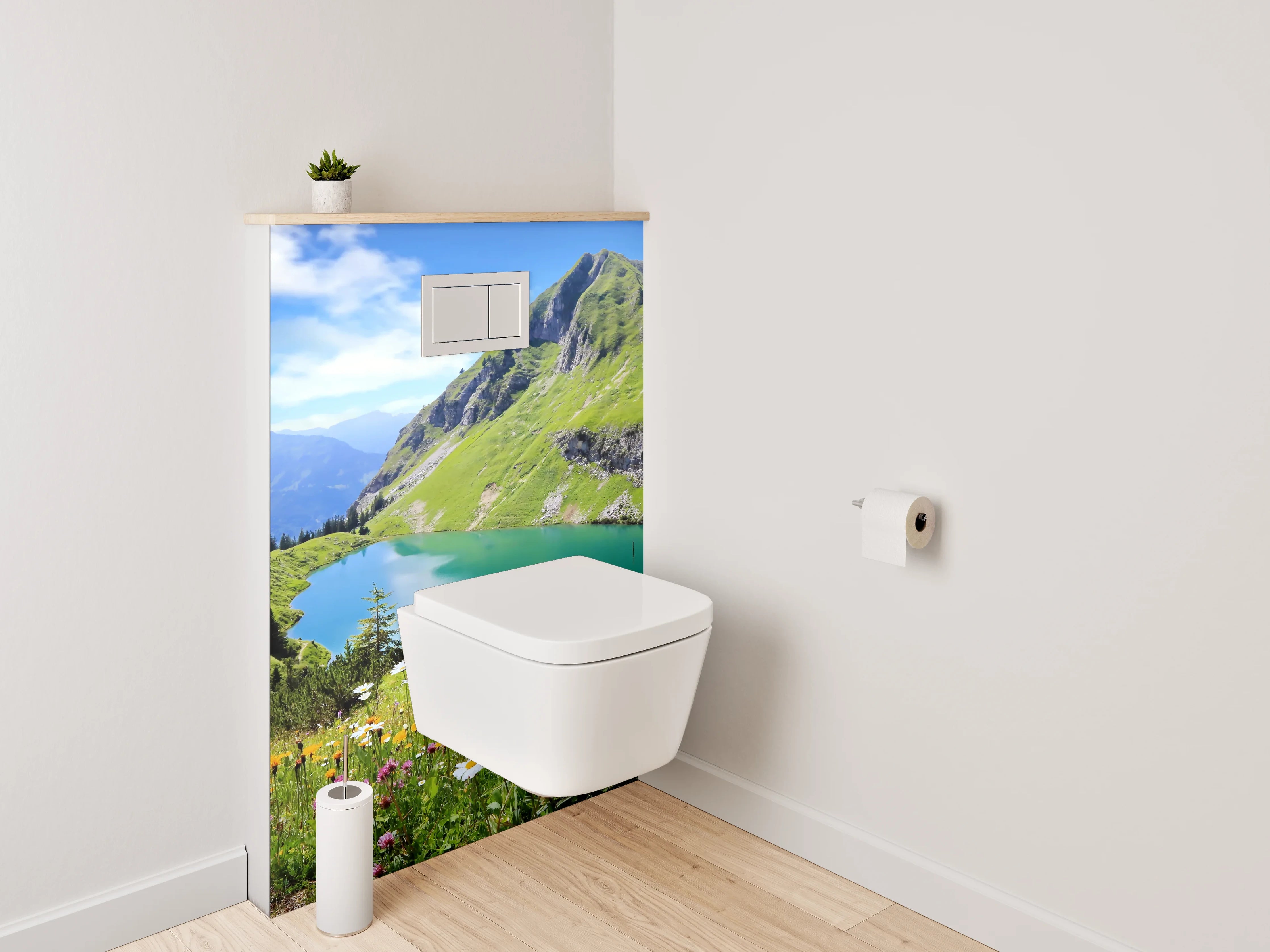 WC-Rückwand - Alpenpanorama mit Bergsee und Blumen