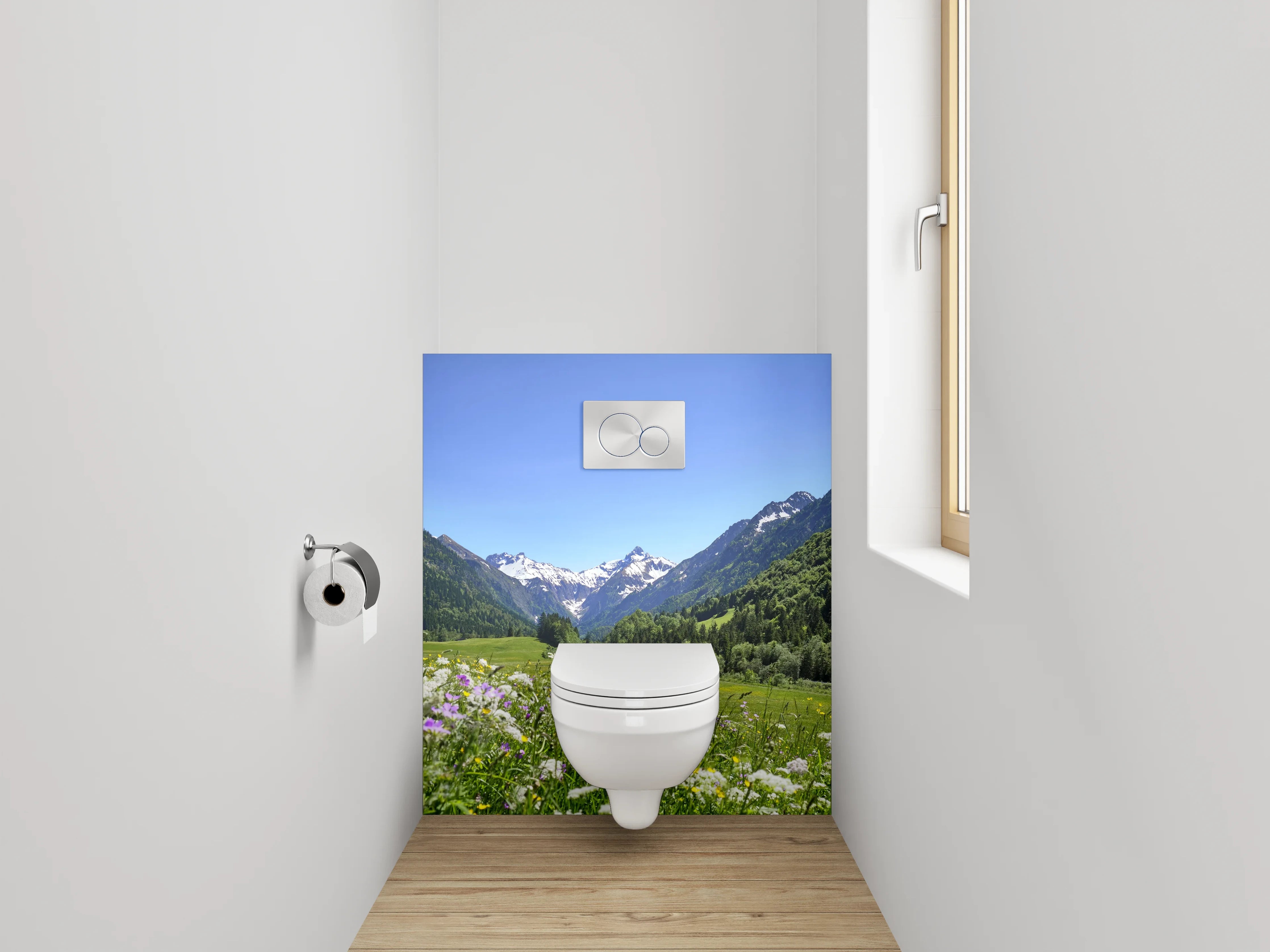 WC-Rückwand - Alpenpanorama mit Blumenwiese