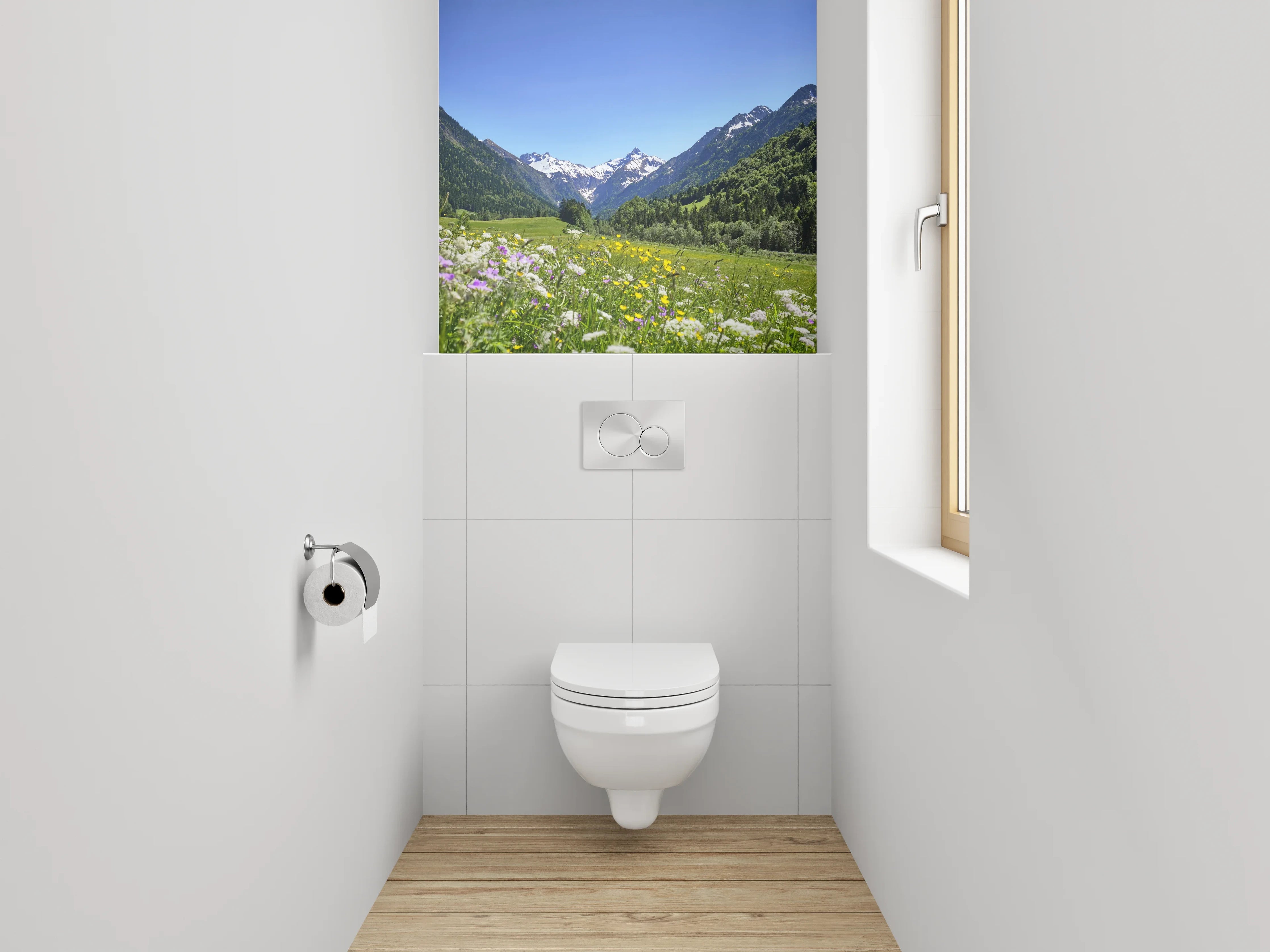 WC-Rückwand - Alpenpanorama mit Blumenwiese
