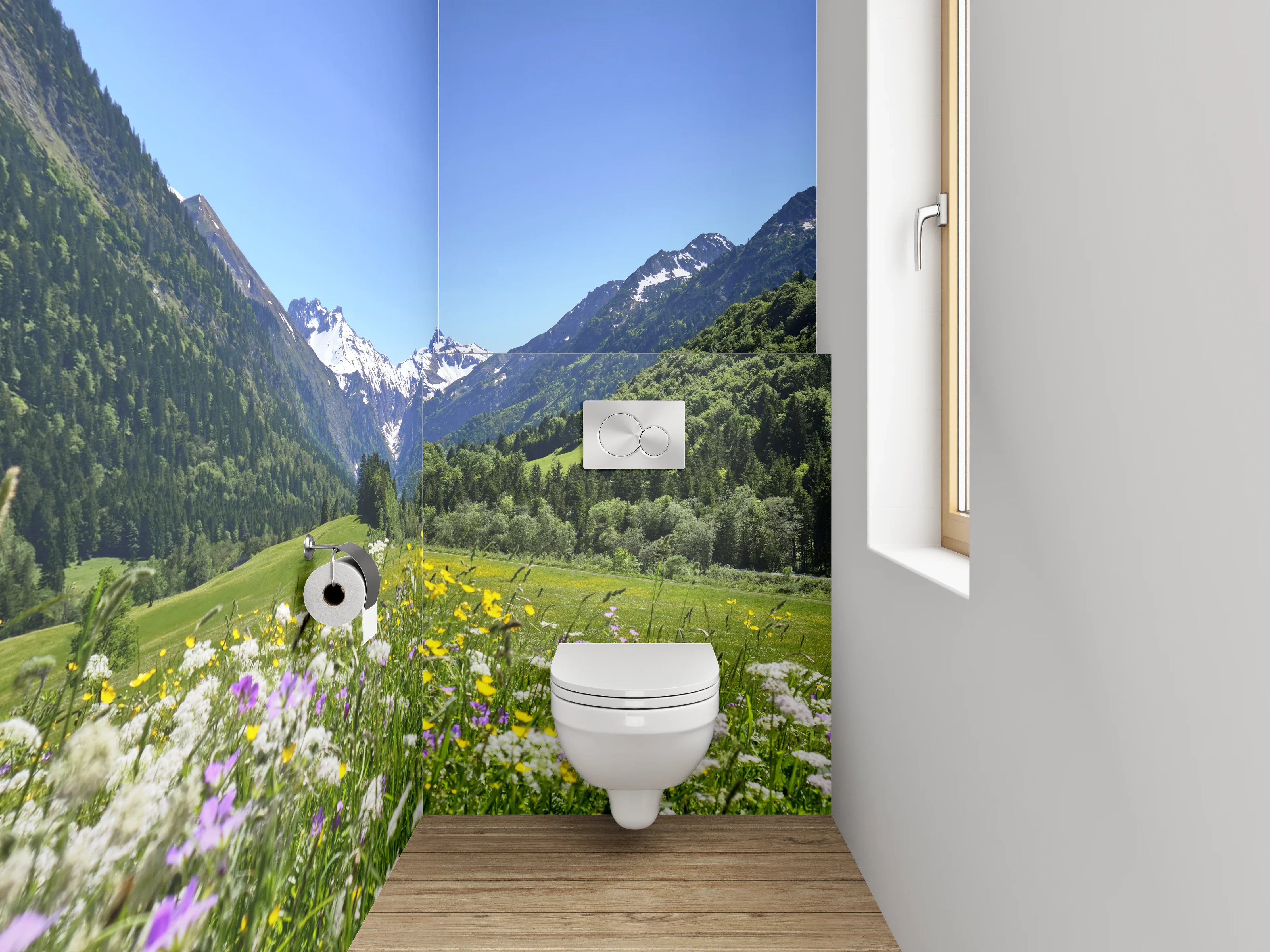 WC-Rückwand - Alpenpanorama mit Blumenwiese