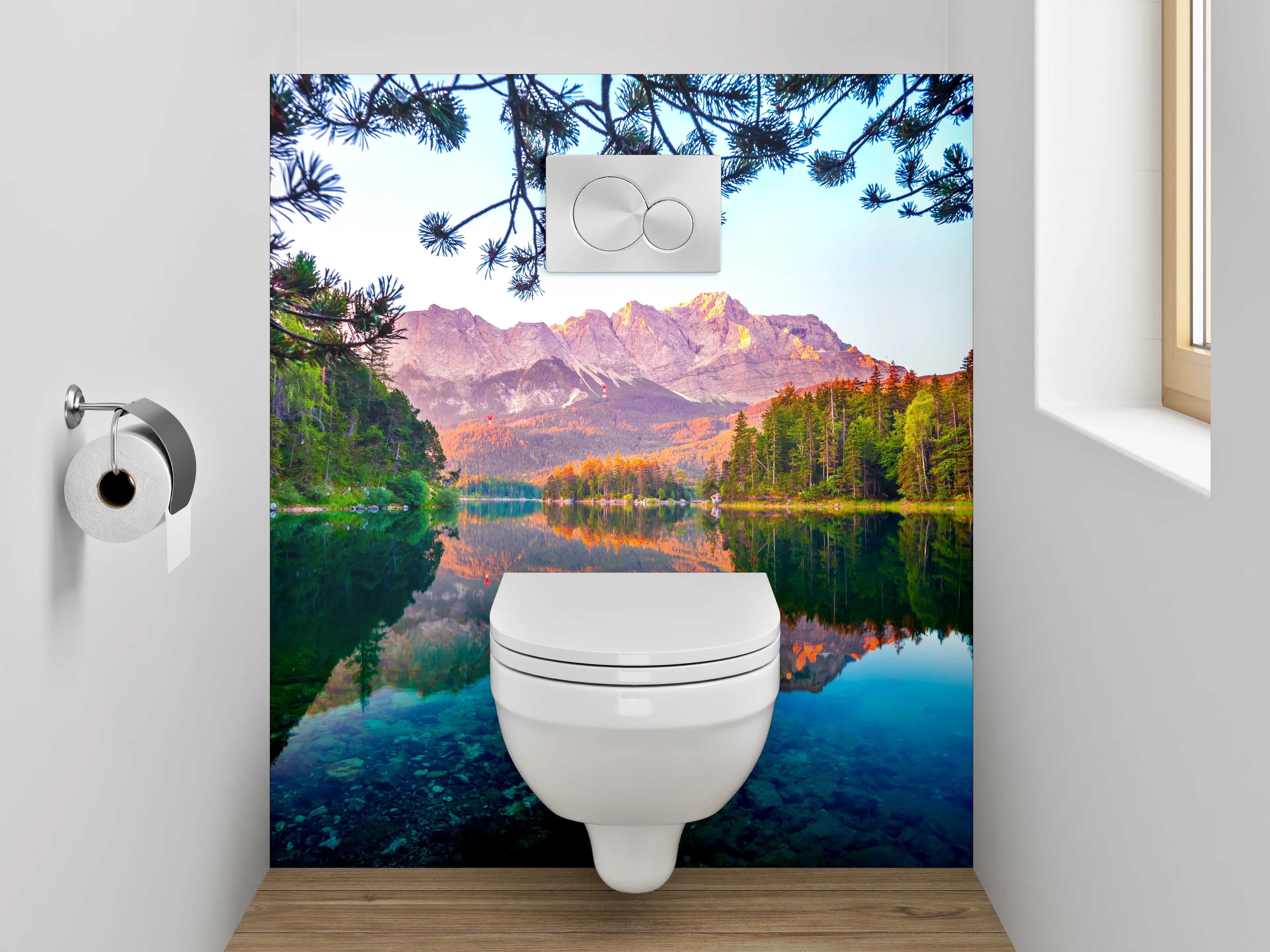 WC-Rückwand - Alpensee mit Bergen und Wald